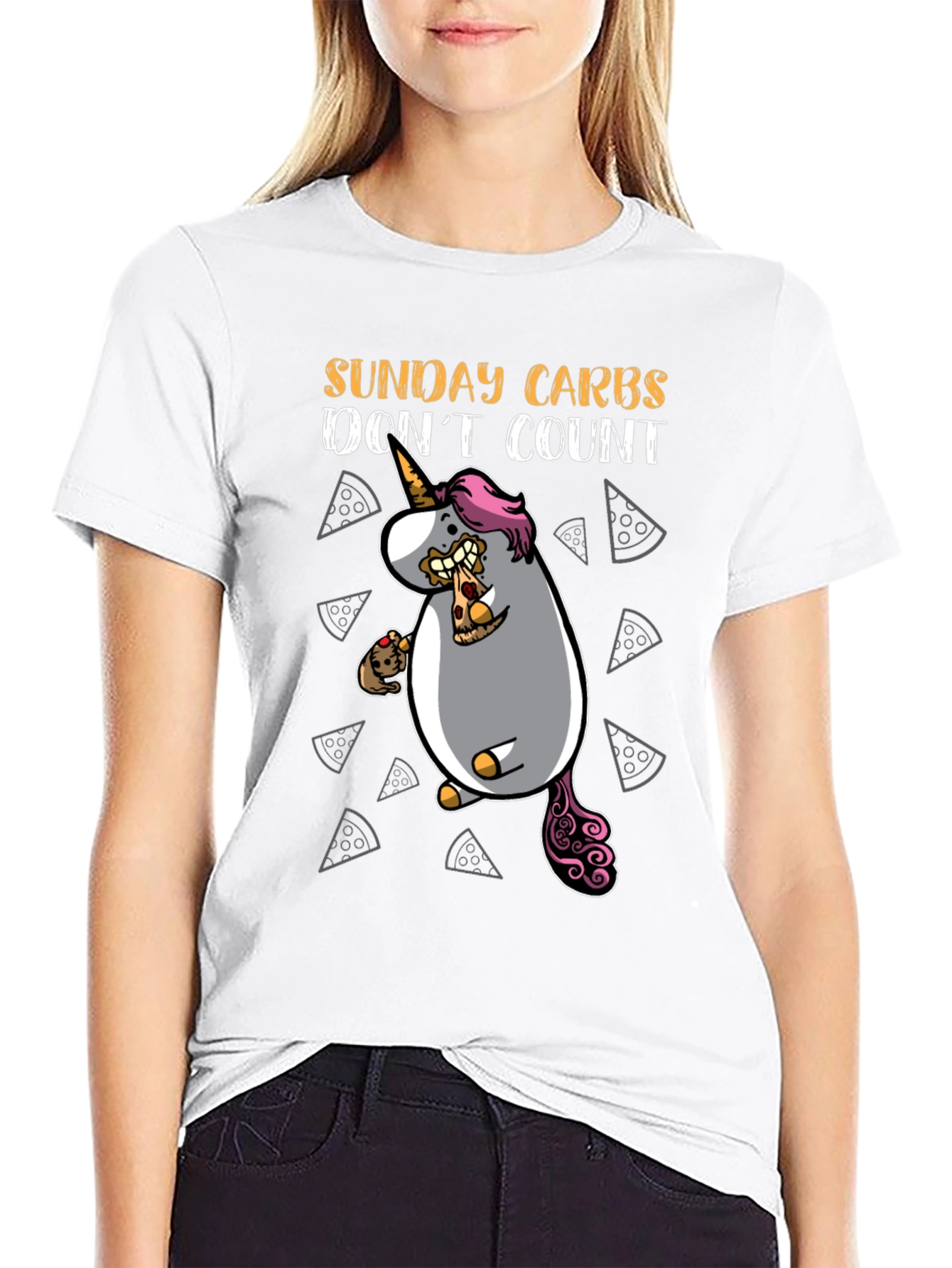 Black Funny Sunday Carbs Unicorn Pizza Graphic Tee view 9