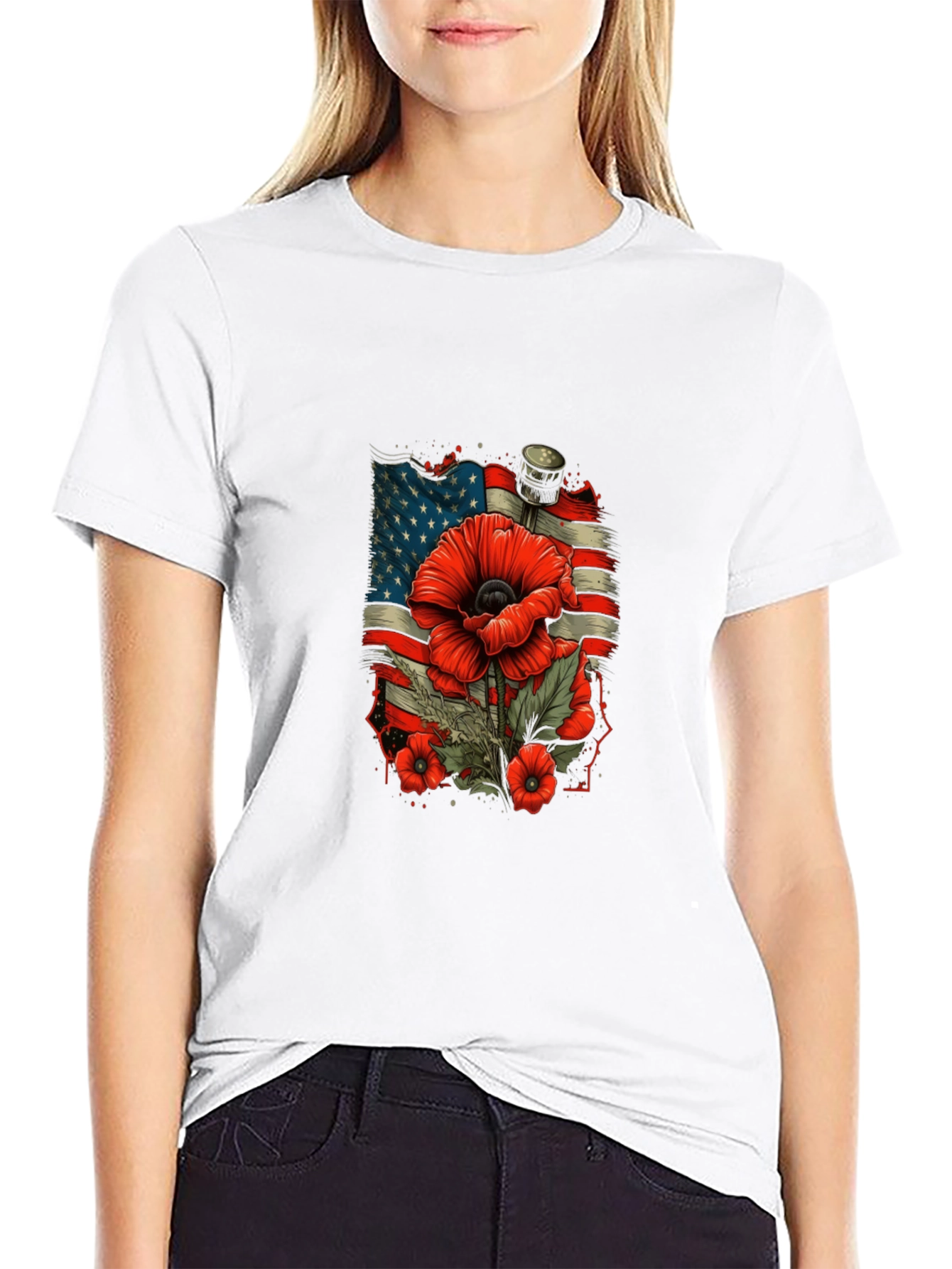 Black Patriotic Poppy T-Shirt - American Flag Remembrance view 9