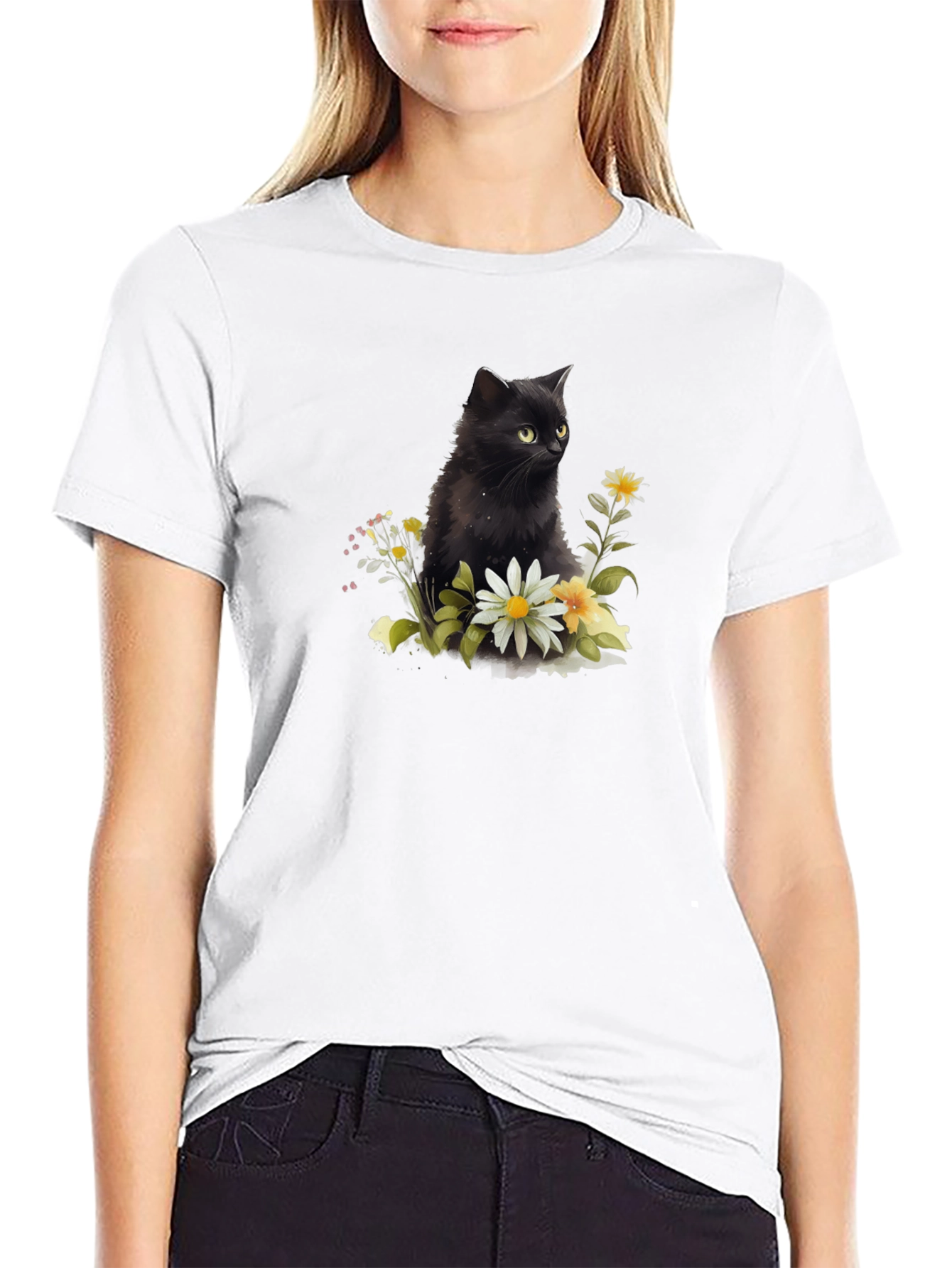 Black Black Cat Floral T-Shirt - Soft Cotton Blend view 9