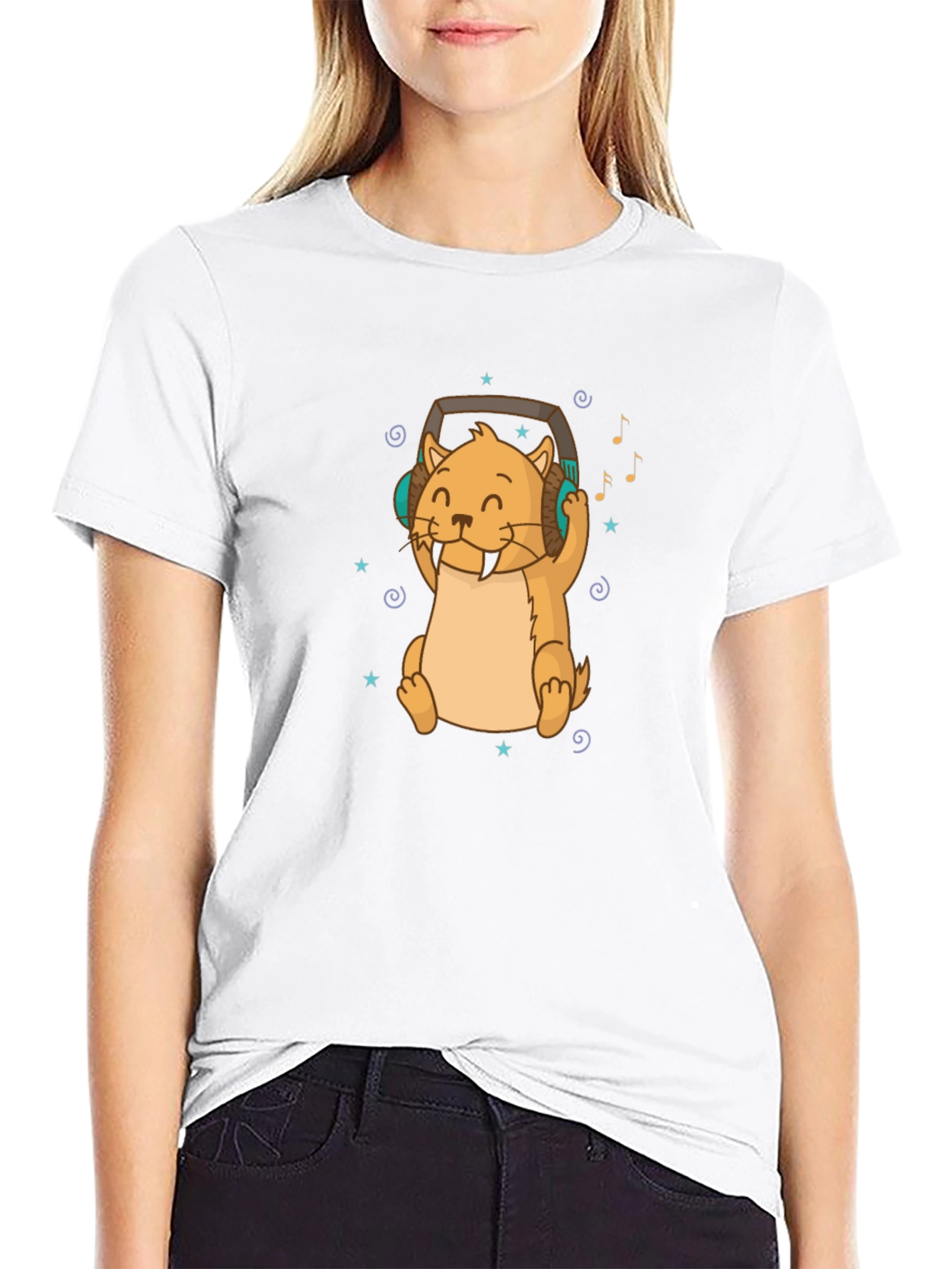 Black Cute Otter with Headphones Black T-Shirt view 9