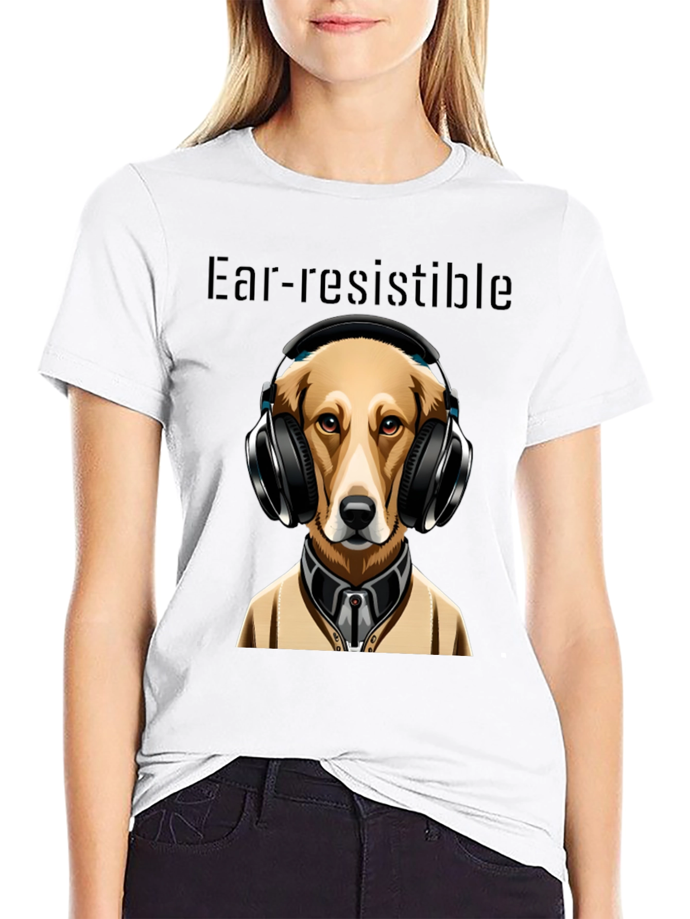 Black Ear-resistible Dog Headphones Graphic Tee view 9