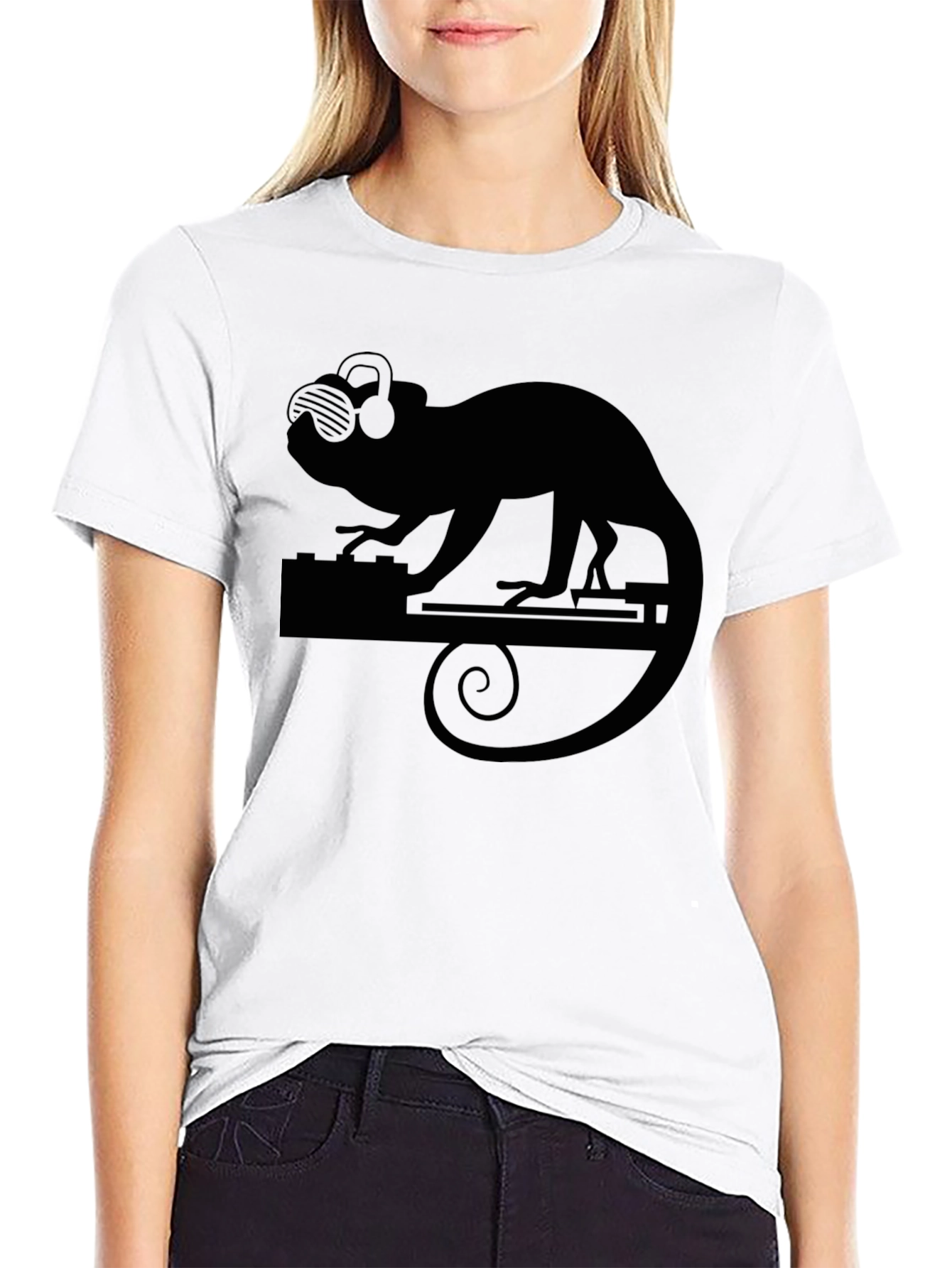 Black DJ Chameleon Black T-Shirt - Cool Party Animal Design view 9