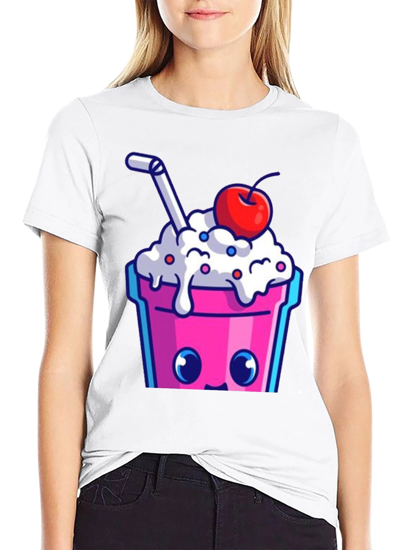 Black Cute Kawaii Milkshake Graphic Tee - Fun Style view 9