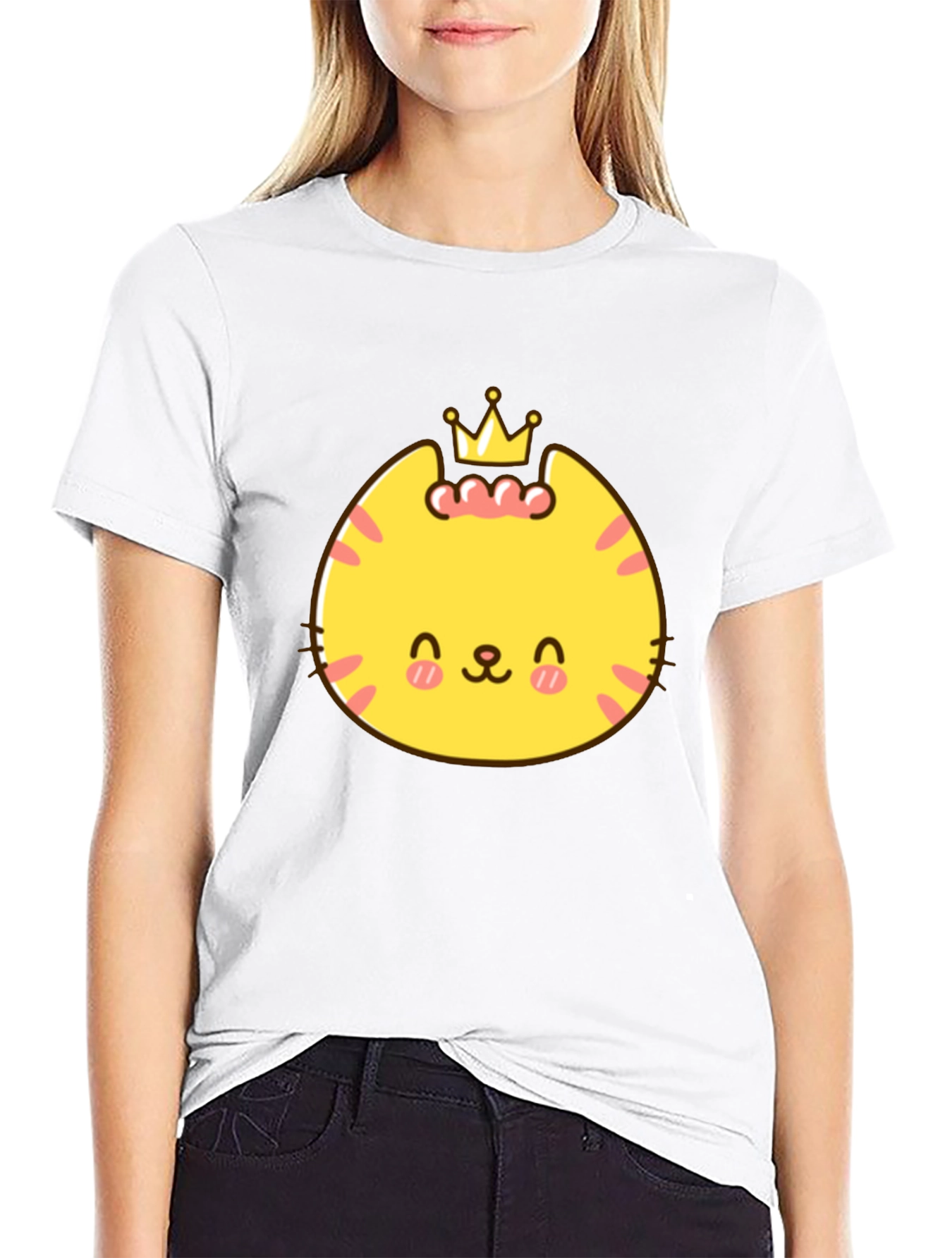 Black Cute Cartoon Crown Cat Graphic Tee - Black view 9