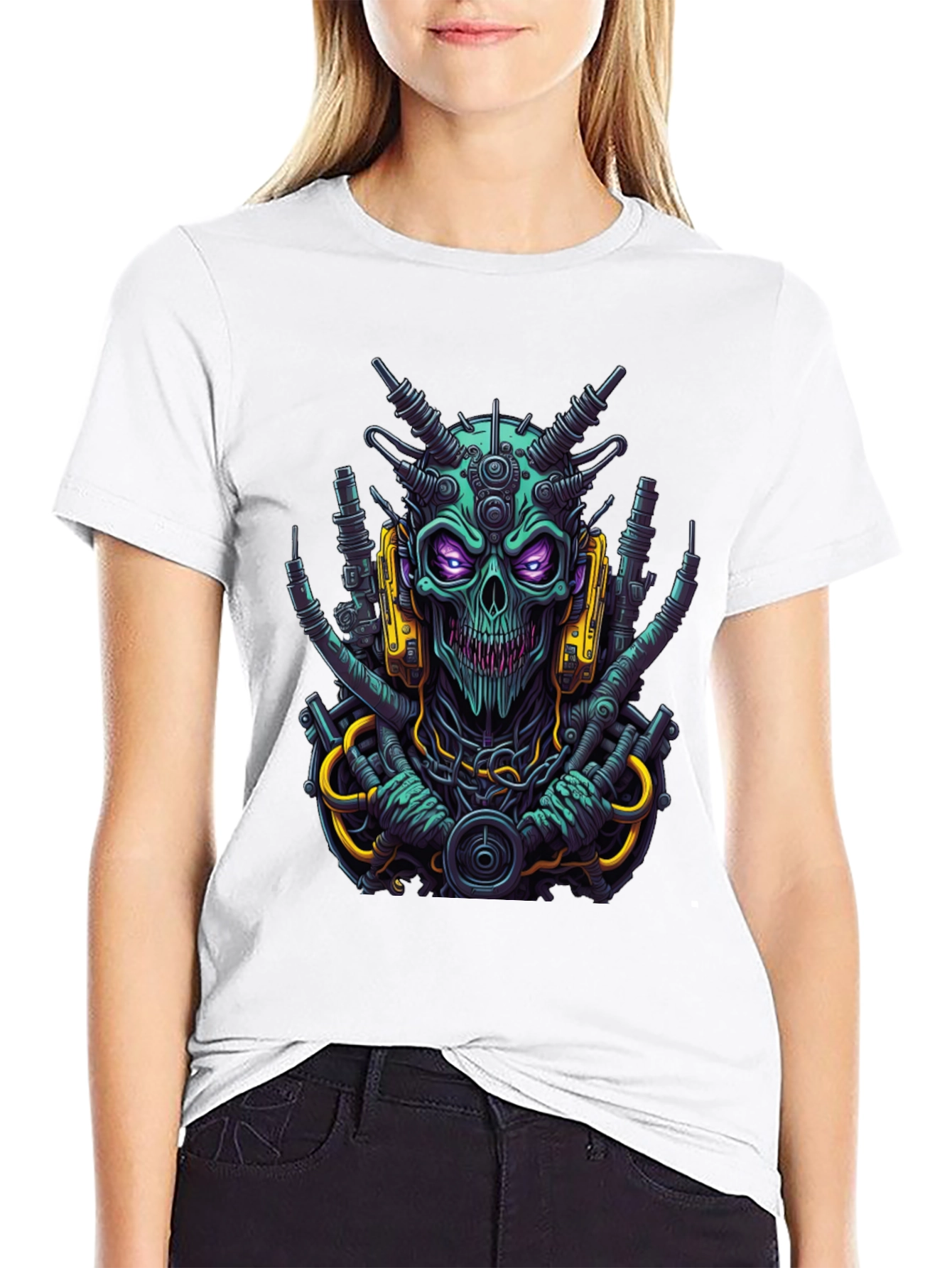 Black Cyberpunk Skull T-Shirt - Bold Sci-Fi Style view 9
