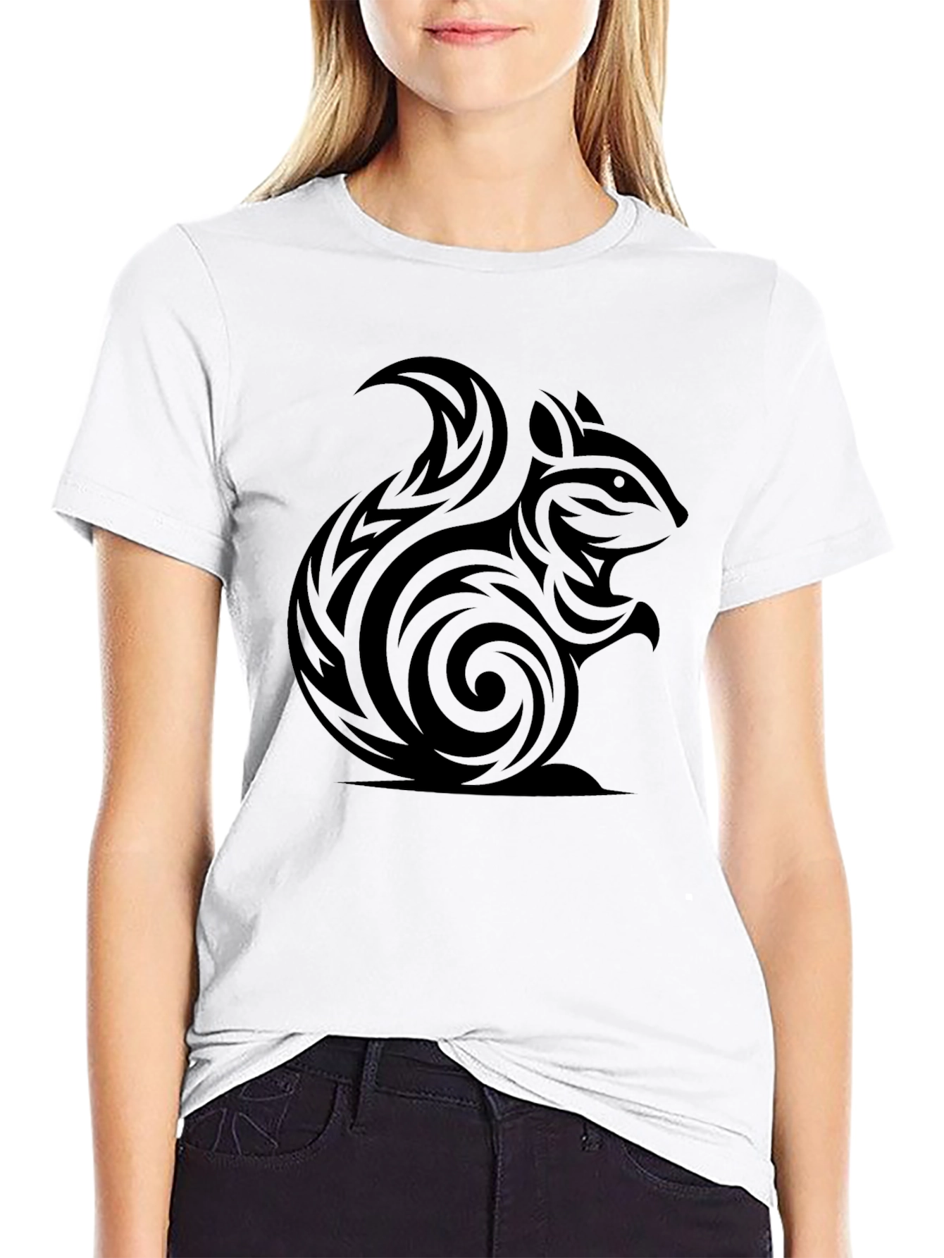 Black Tribal Squirrel Tee - Black Cotton Graphic T-Shirt view 9