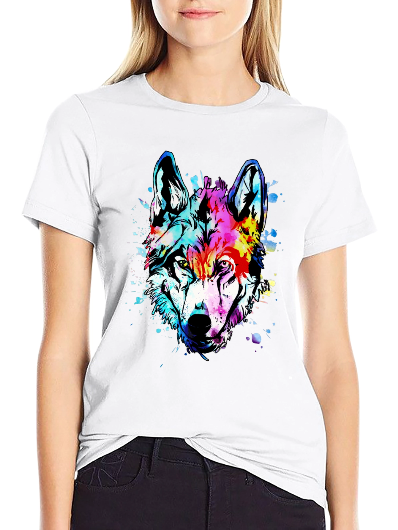 Black Vivid Wolf Graphic Tee - Men's Black Cotton T-Shirt view 9