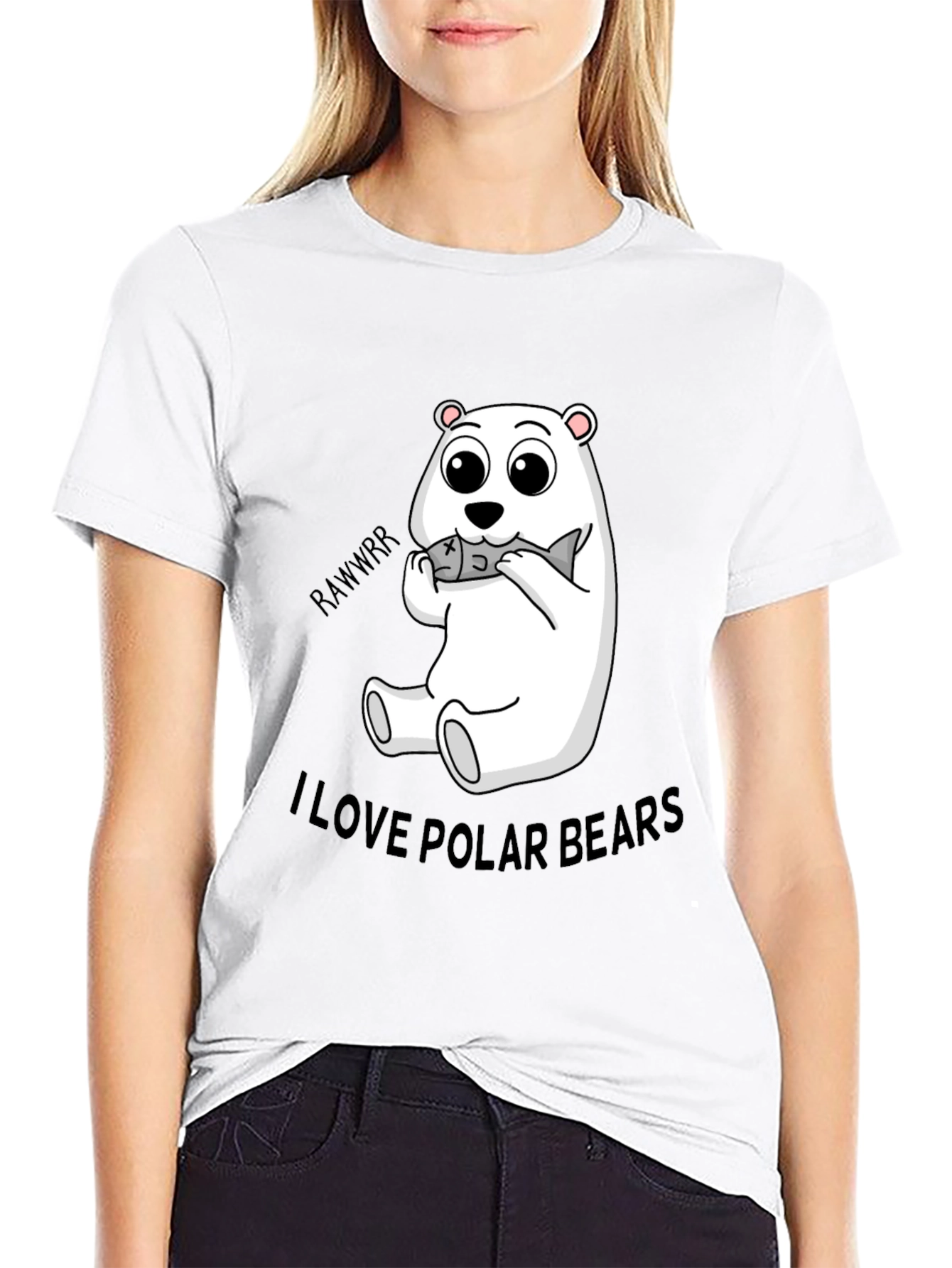 Black Cute Polar Bear Eating Fish Black T-Shirt view 9