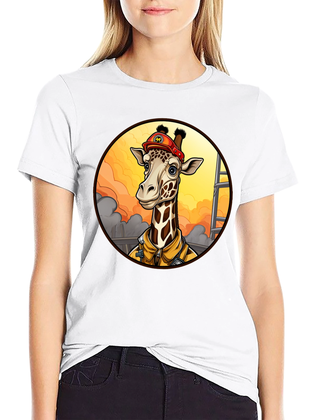 Black Giraffe Firefighter T-Shirt - Unique Cartoon Design view 9