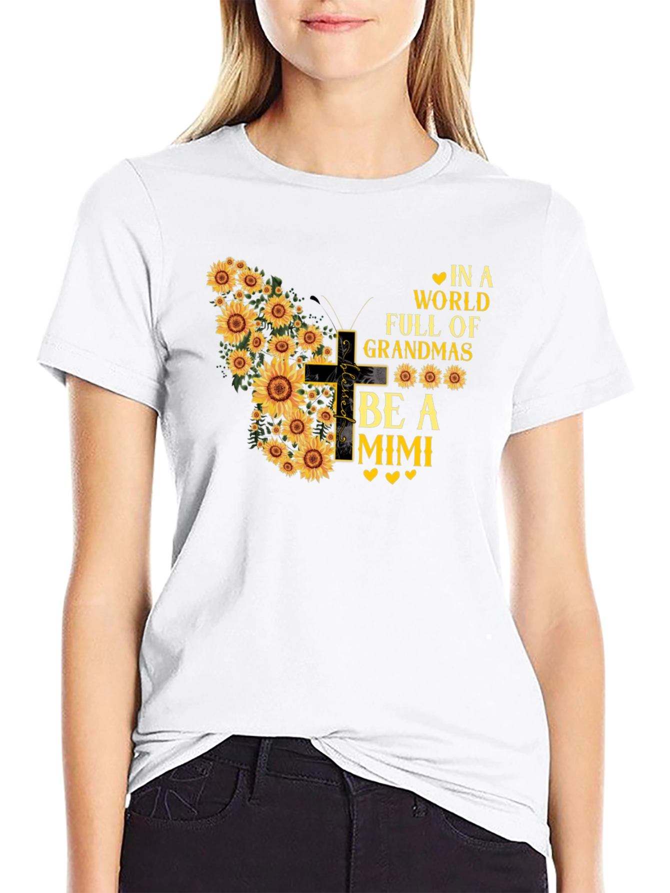 Black Sunflower Butterfly Grandma Mimi T-Shirt view 9