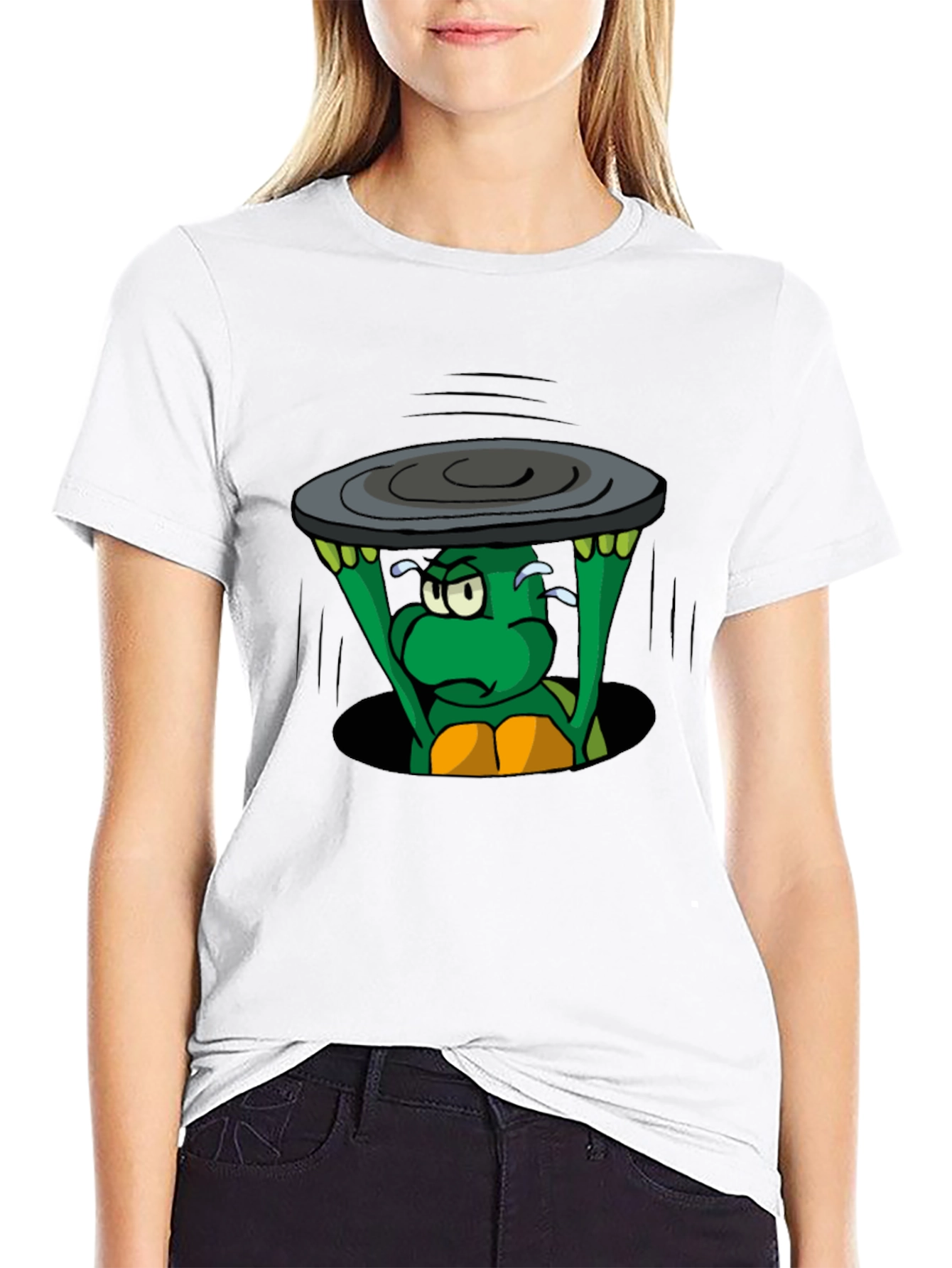 Black Cartoon Turtle Lifting Manhole Cover Black T-Shirt view 9