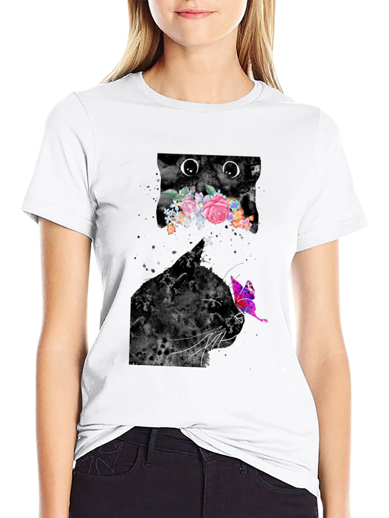 Black Floral Cat Graphic Tee - Trendy Men's Black T-Shirt view 9