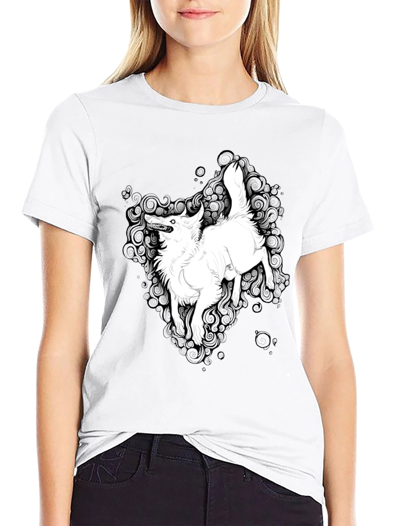 Black Black Graphic Tee - White Wolf Print view 9