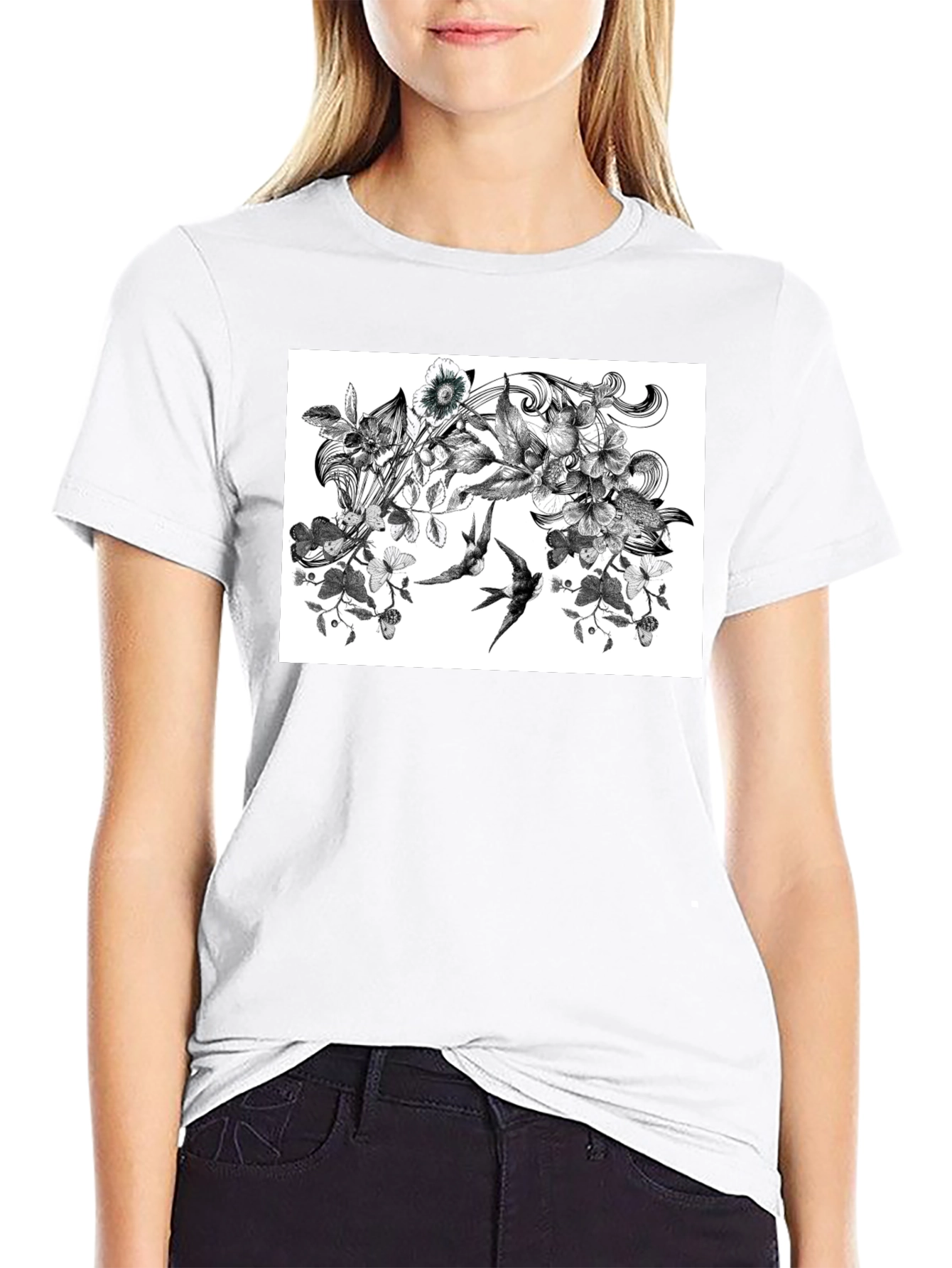 Black Botanical Swallow T-Shirt - Artistic Black Tee view 9