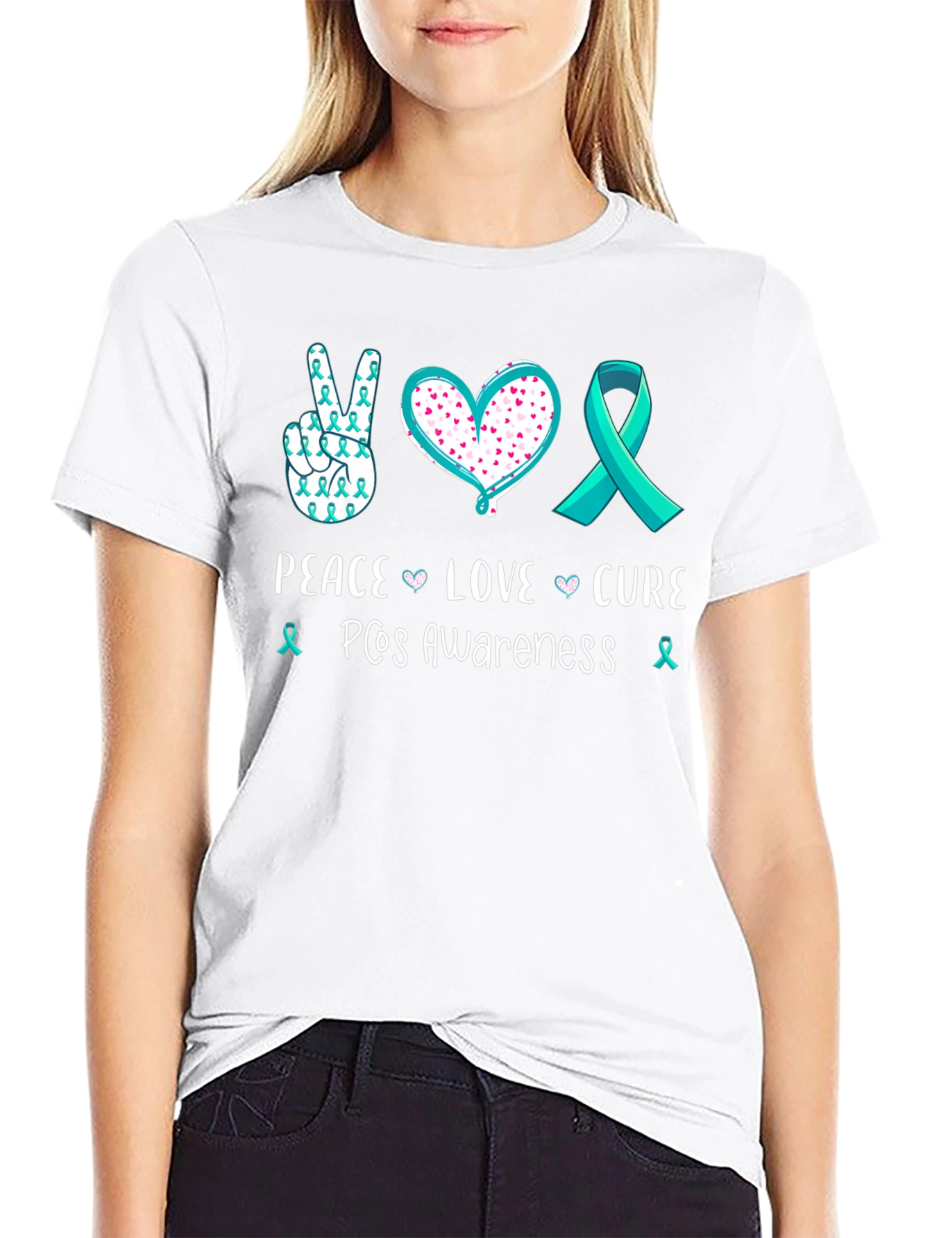 Black PCOS Awareness Peace Love Cure T-Shirt view 9