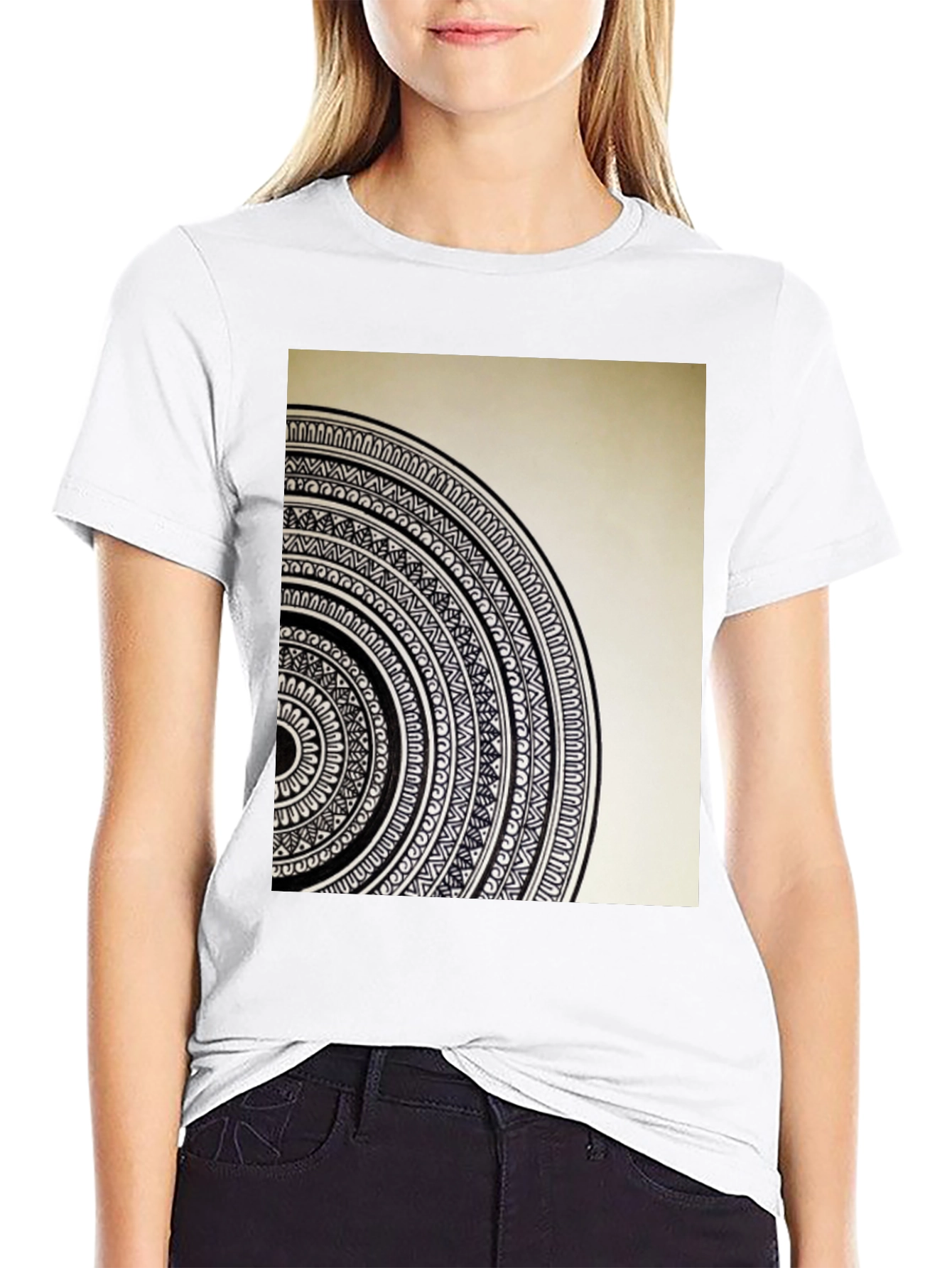 Black Geometric Mandala Graphic Tee - Stylish Black Cotton T-Shirt view 9