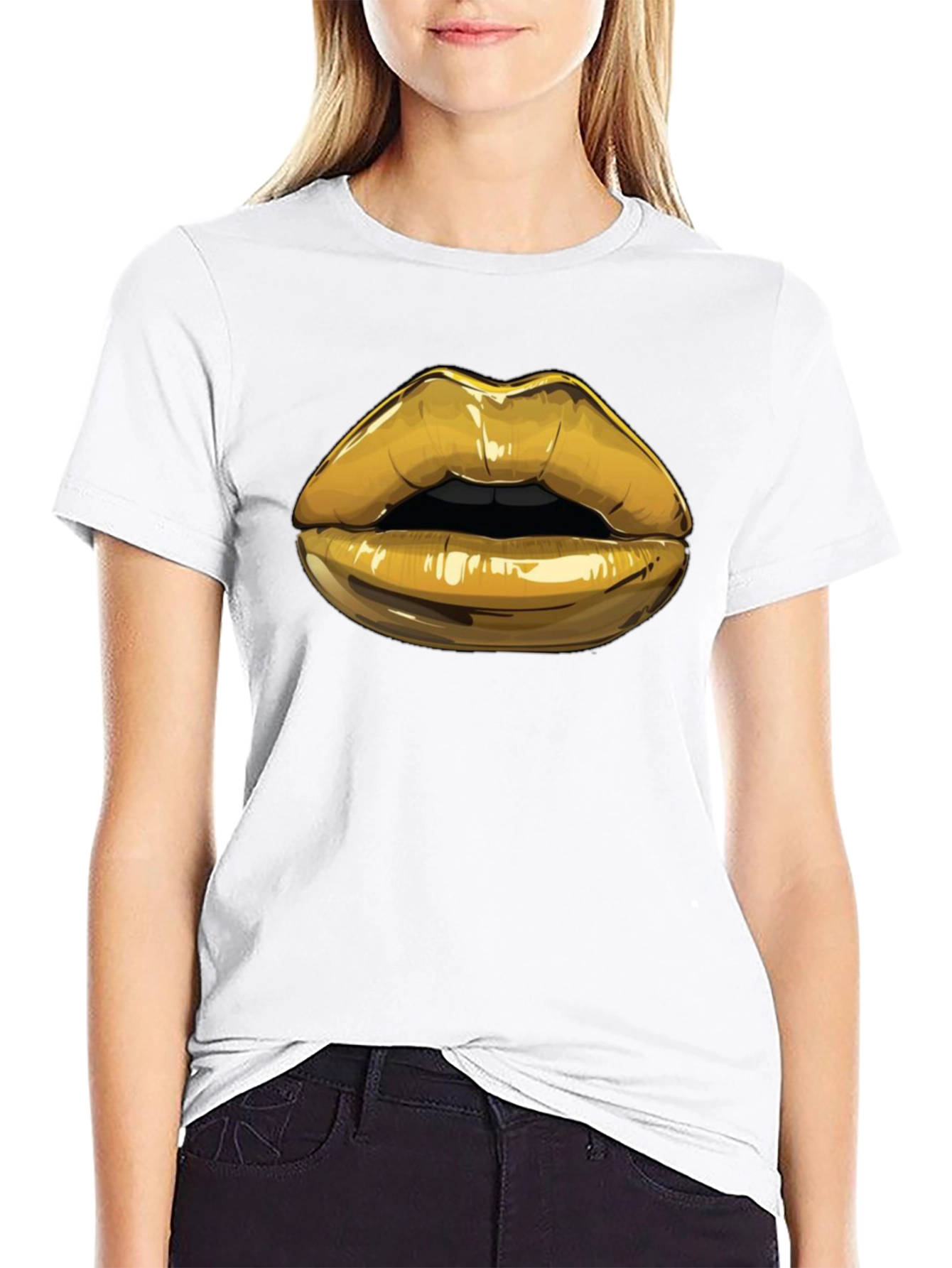 Black Golden Lips Graphic Tee - Stylish Black Cotton Blend Shirt view 9