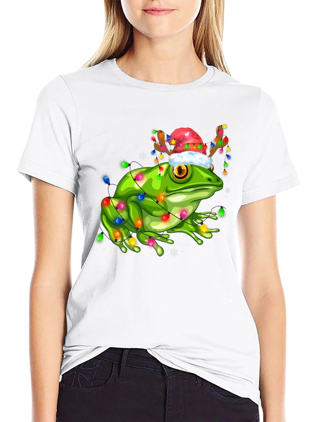 Black Festive Frog Tee: Christmas Lights & Reindeer Hat view 9