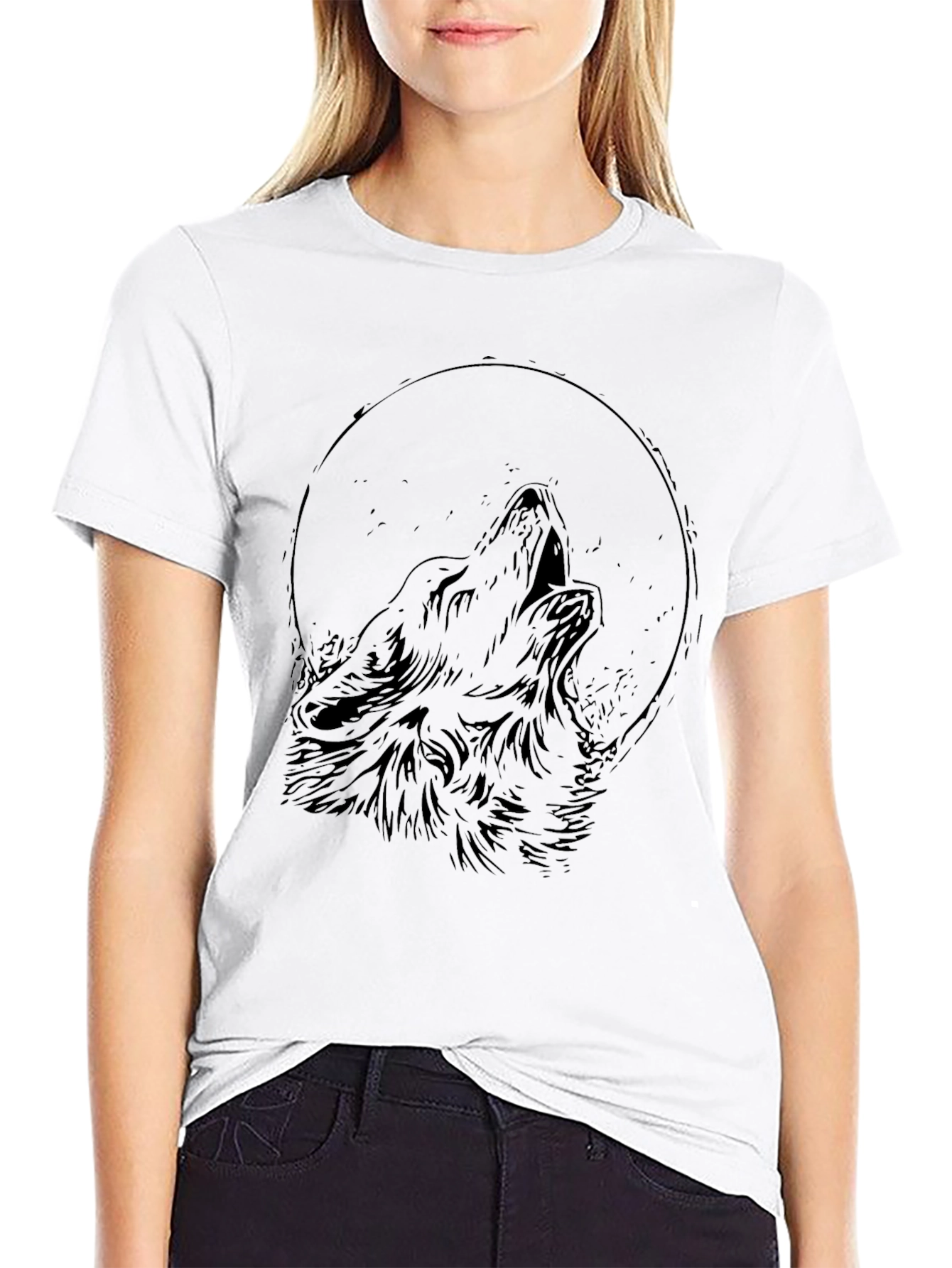 Black Wolf Howling Moon Graphic Black T-Shirt view 9