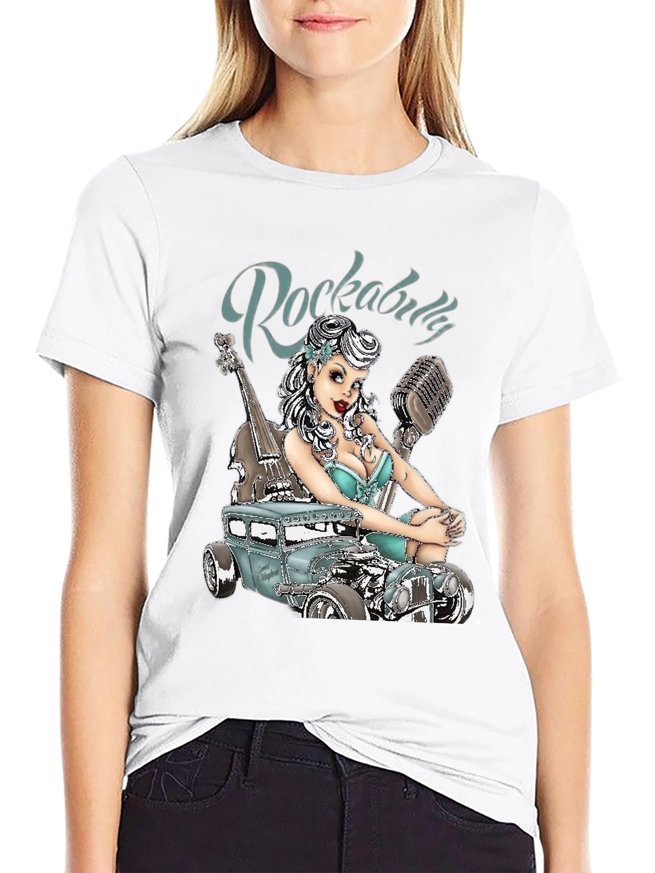 Black Rockabilly Style T-Shirt with Car & Pin-up Girl Design view 9