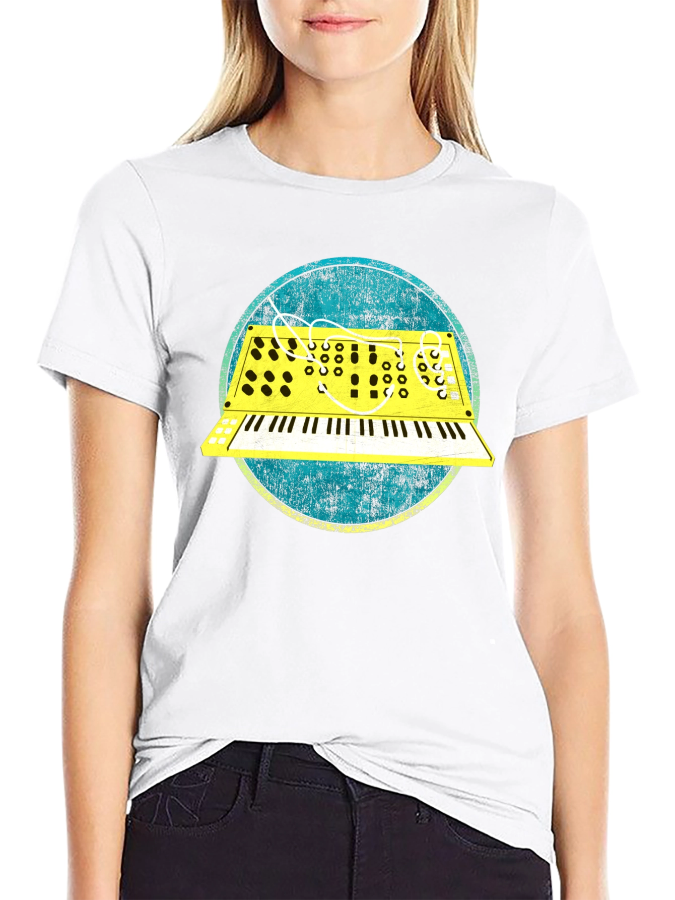 Black Retro Synth Graphic Tee - Vintage Keyboard T-Shirt view 9