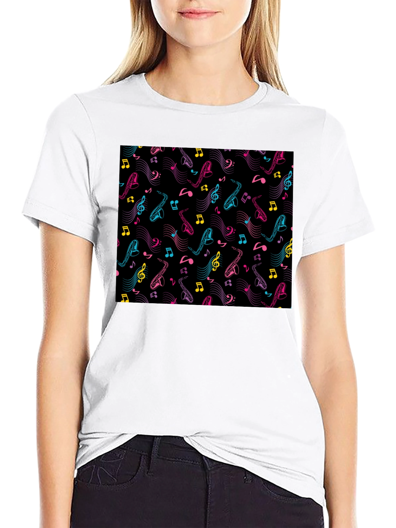 Black Musical Saxophone Pattern T-Shirt - Black view 9