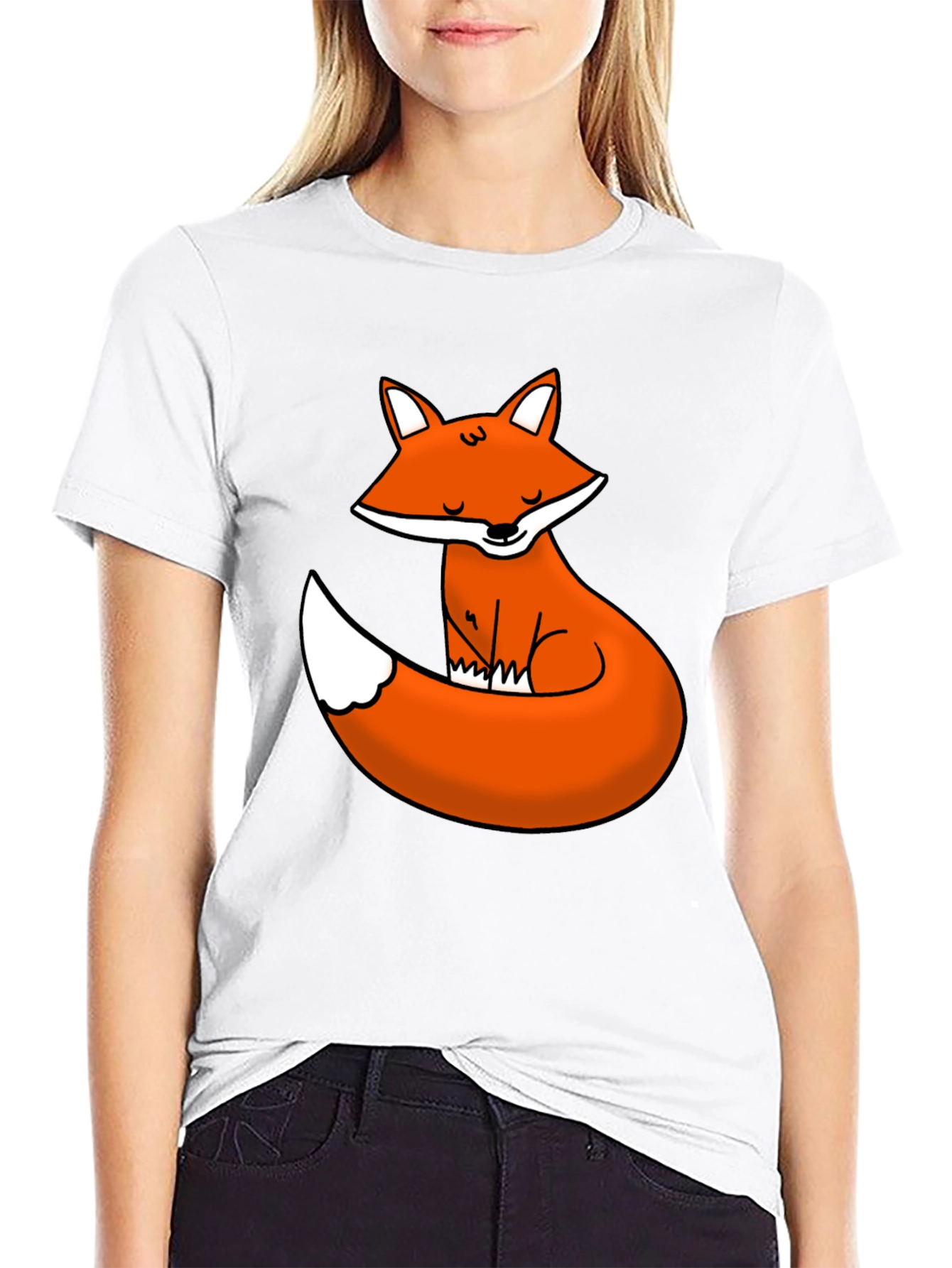 Black Cute Fox Graphic Tee - Black Cotton T-Shirt view 9
