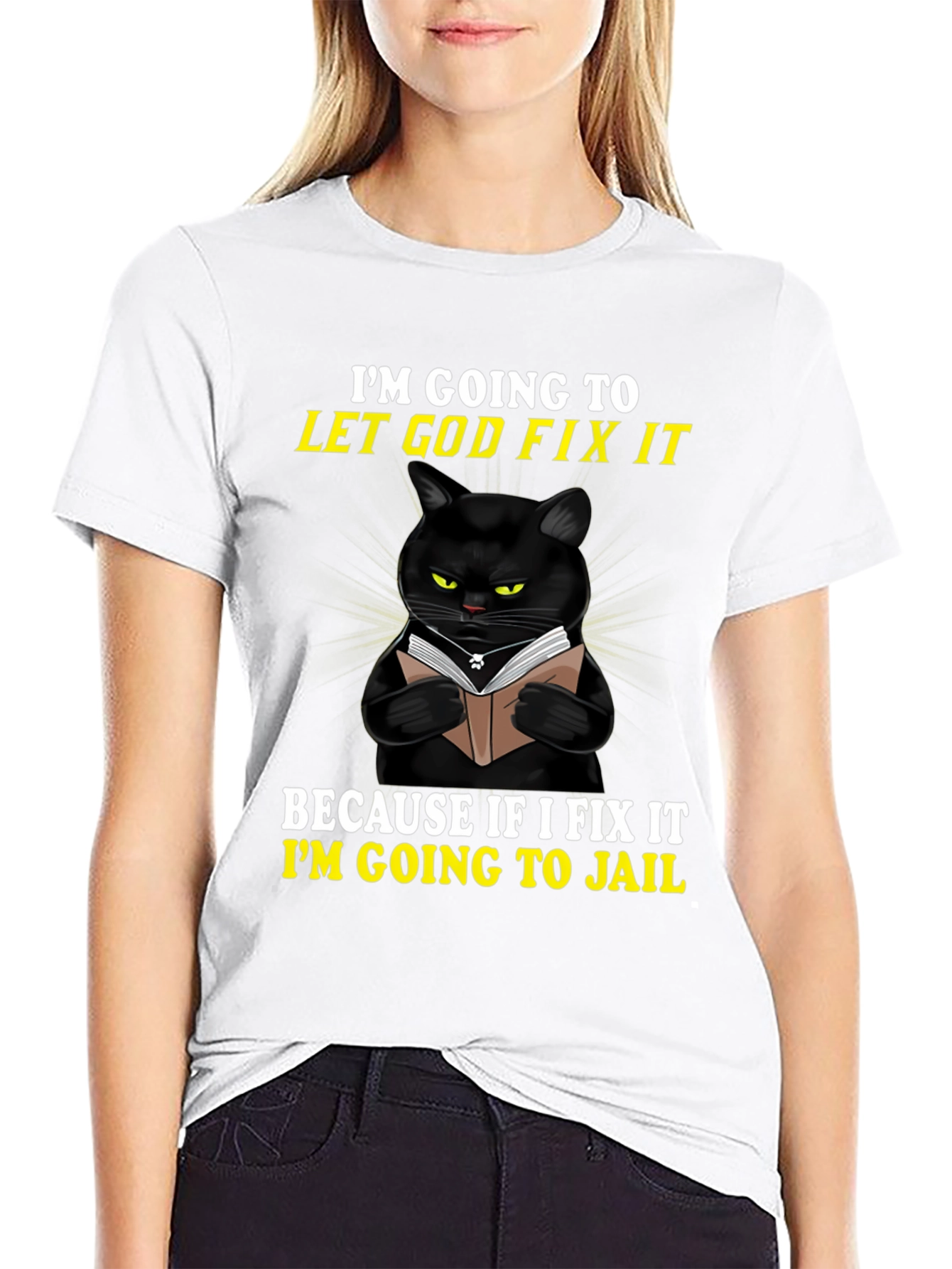 Black Funny Cat T-Shirt: Let God Fix It - Jail Humor view 9