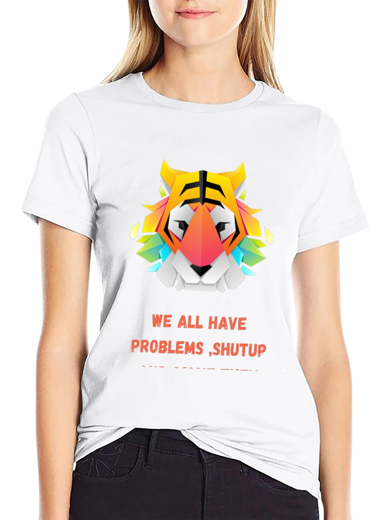 Black Geometric Tiger Graphic Tee - "We All Have Problems Shut Up" view 9