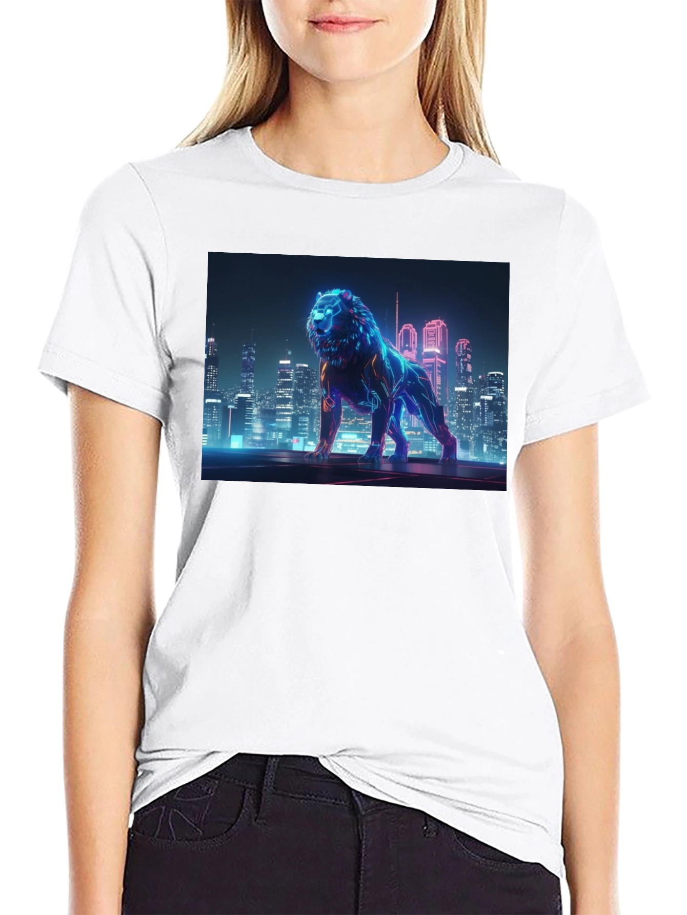 Black Neon Lion Cityscape Graphic Black Tee view 9