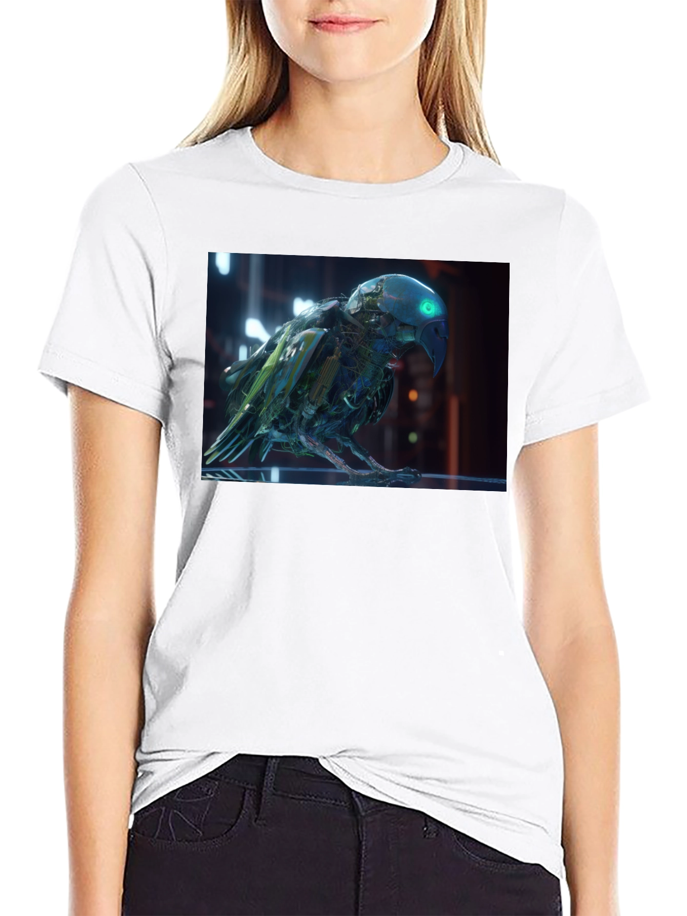 Black Cybernetic Parrot Graphic T-Shirt view 9
