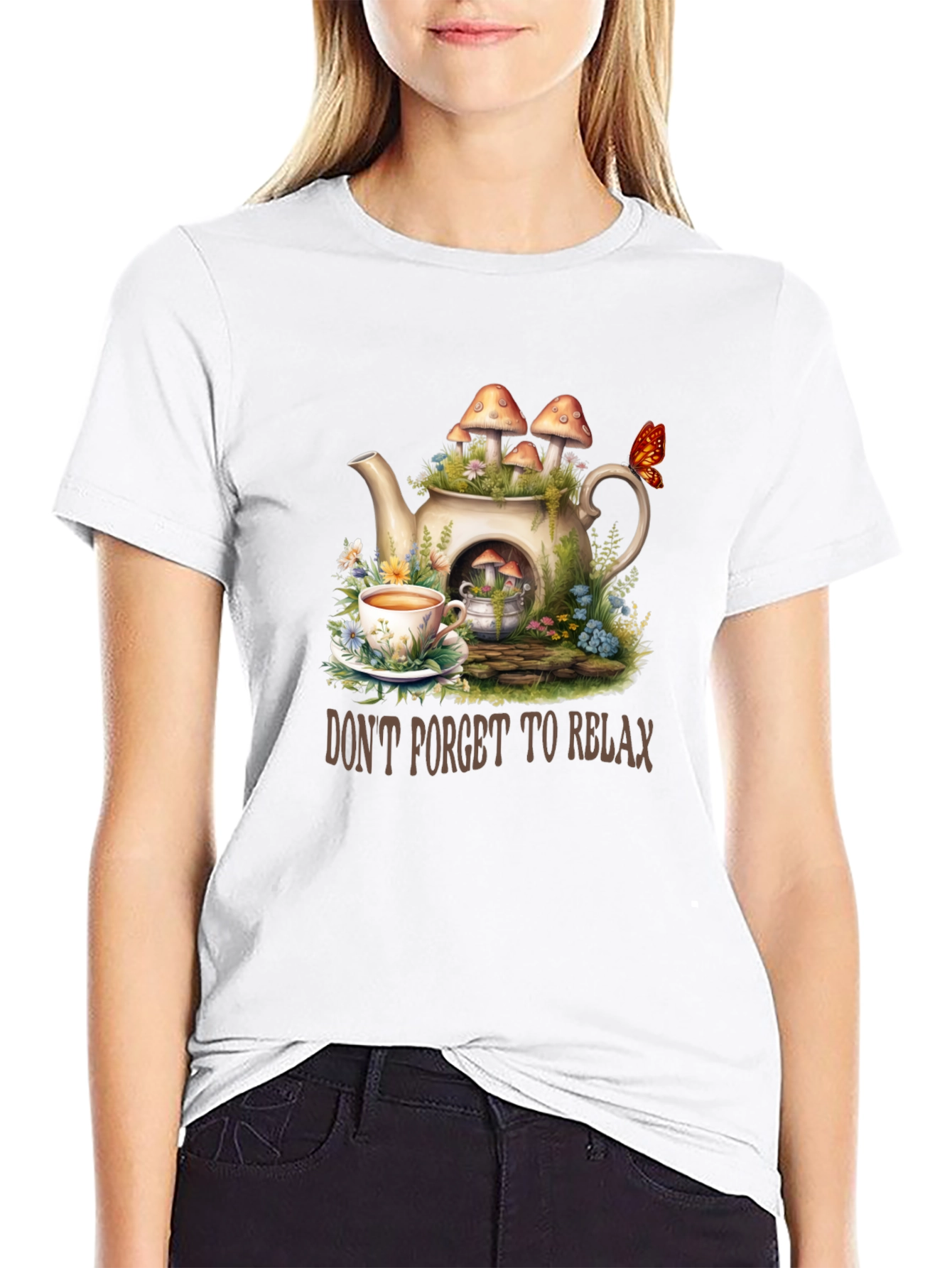 Black Relaxing Tea Party T-Shirt - Mushroom Teapot Design view 9