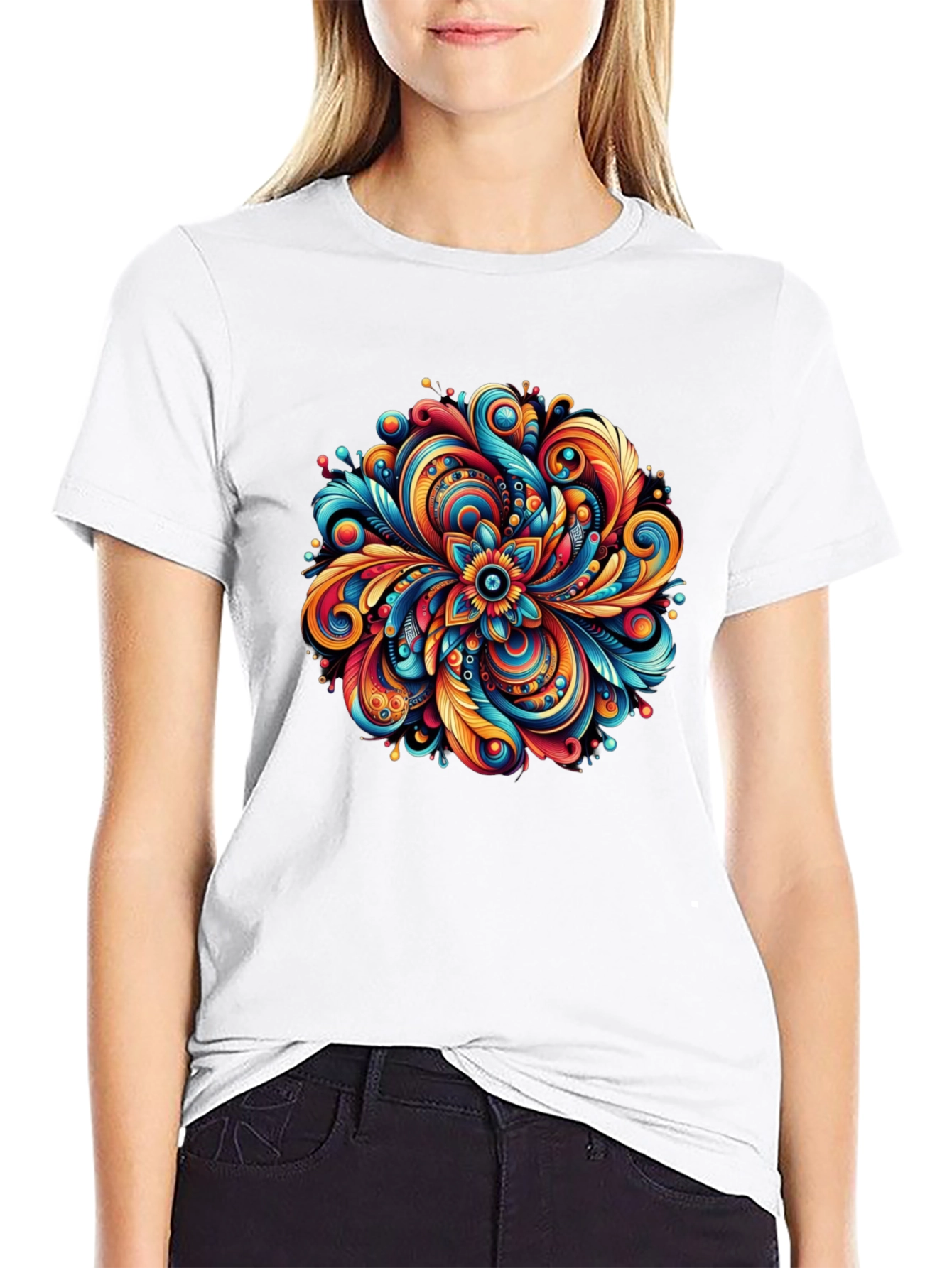 Black Vibrant Floral Mandala Graphic Tee - Black Cotton Comfort view 9