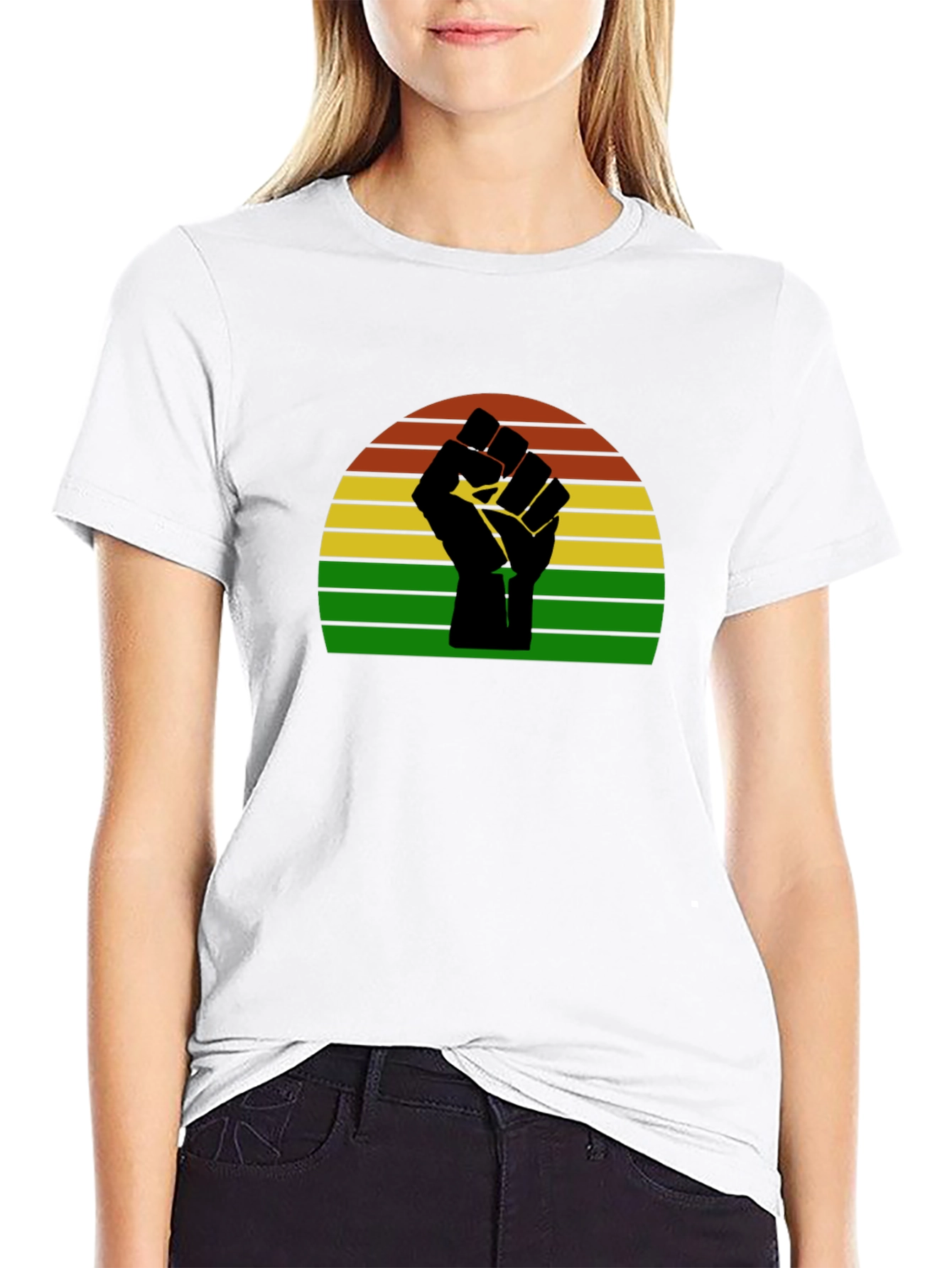 Black Black Power Fist T-Shirt - Retro Sunset Design view 9
