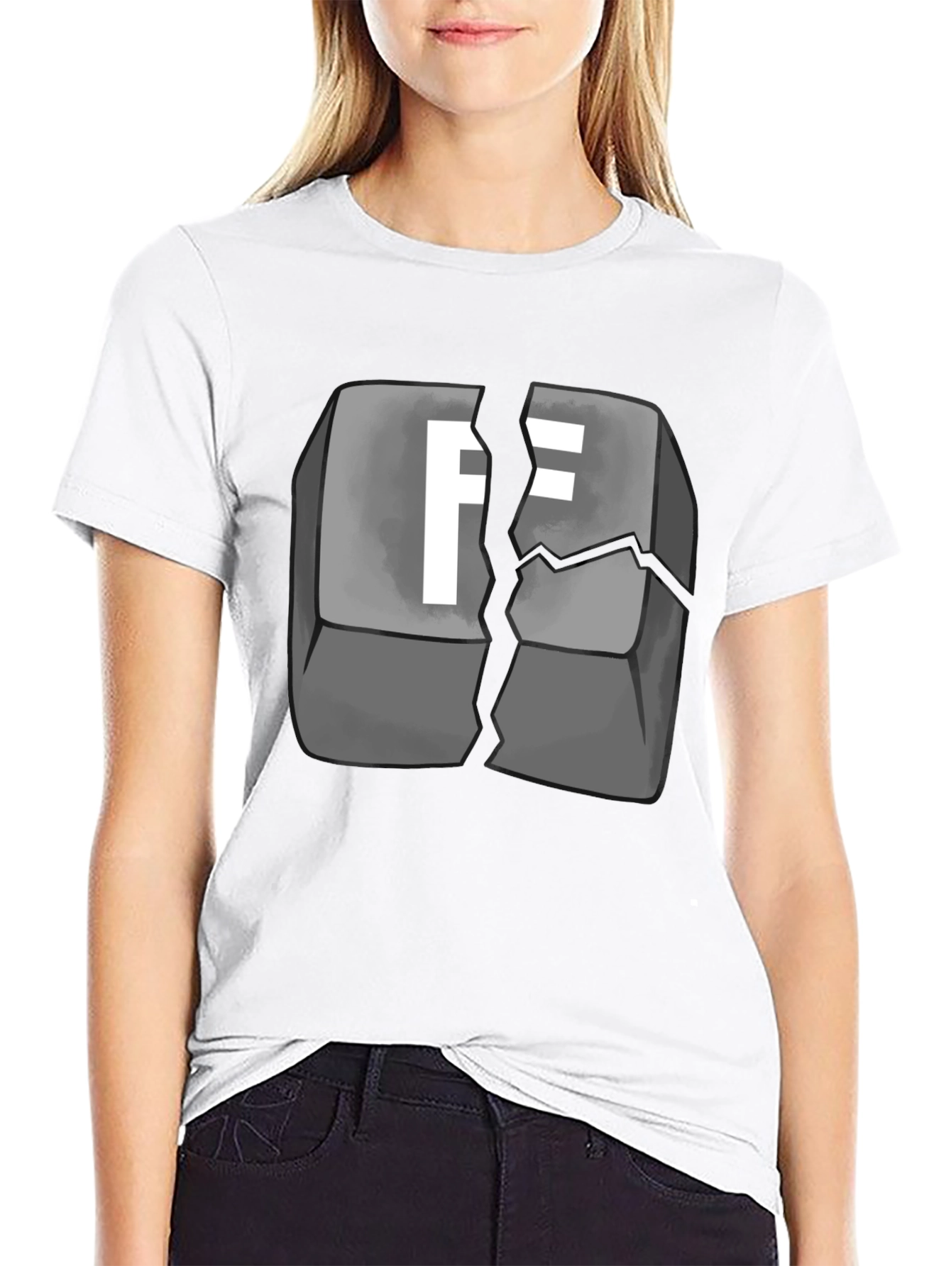 Black Cracked Keyboard Key F Graphic T-Shirt view 9