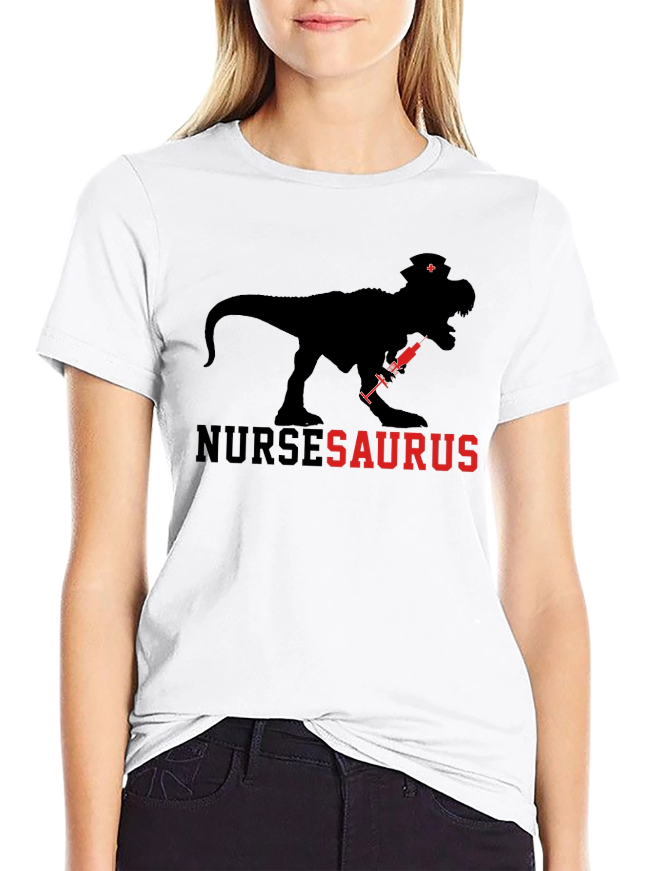 Black NurseSaurus T-Shirt: Dinosaur Nurse Tee view 9