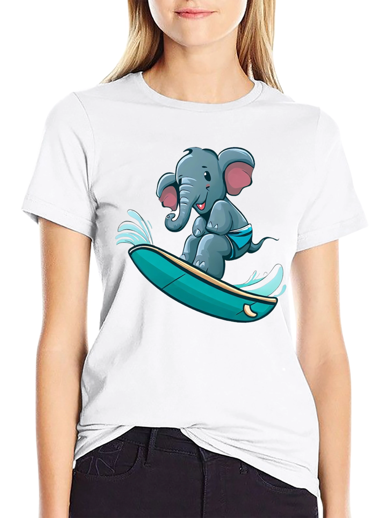 Black Surfing Elephant T-Shirt - Unique Cartoon Design view 9