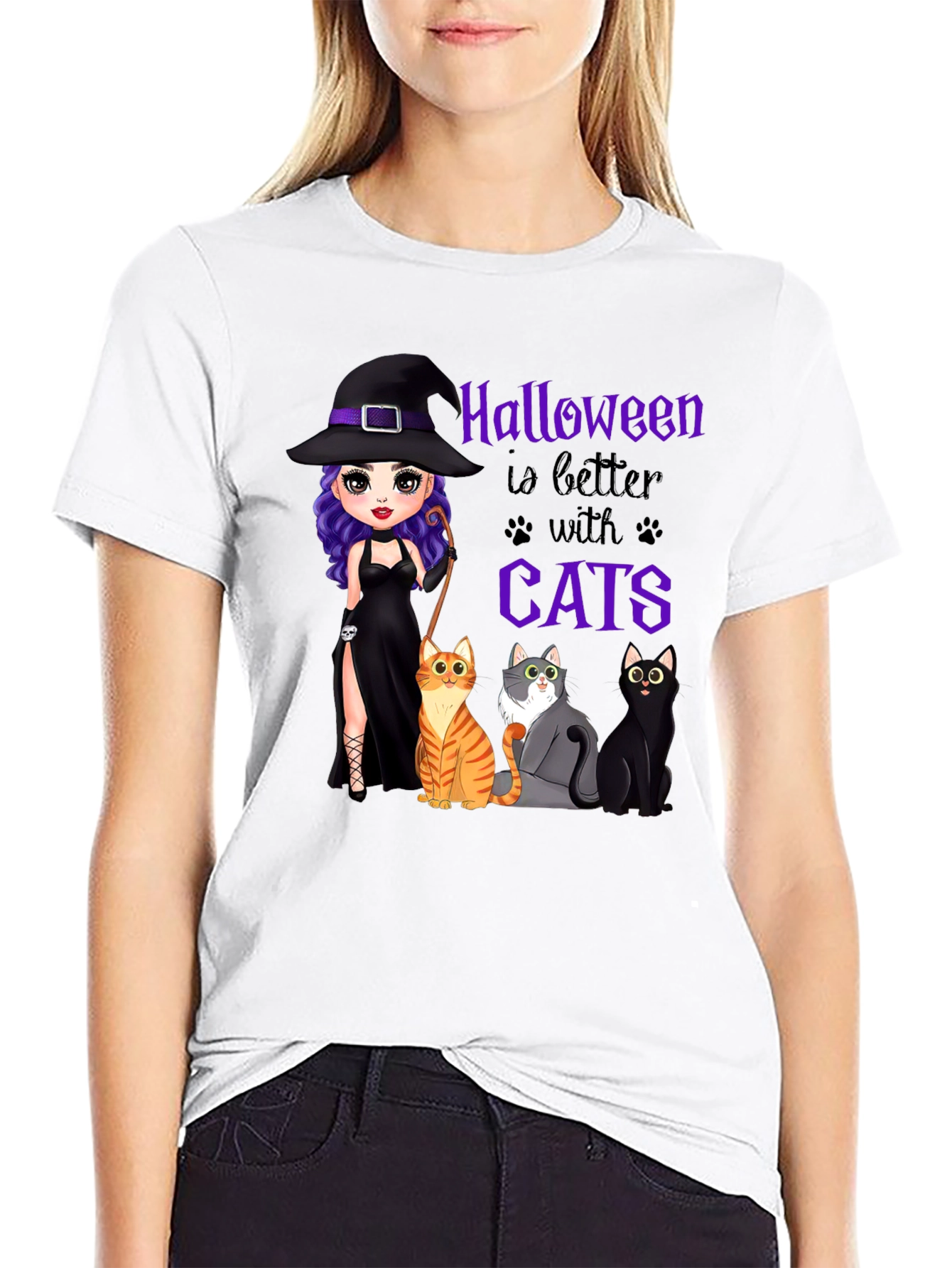 Black Halloween Witch and Cats T-Shirt view 9