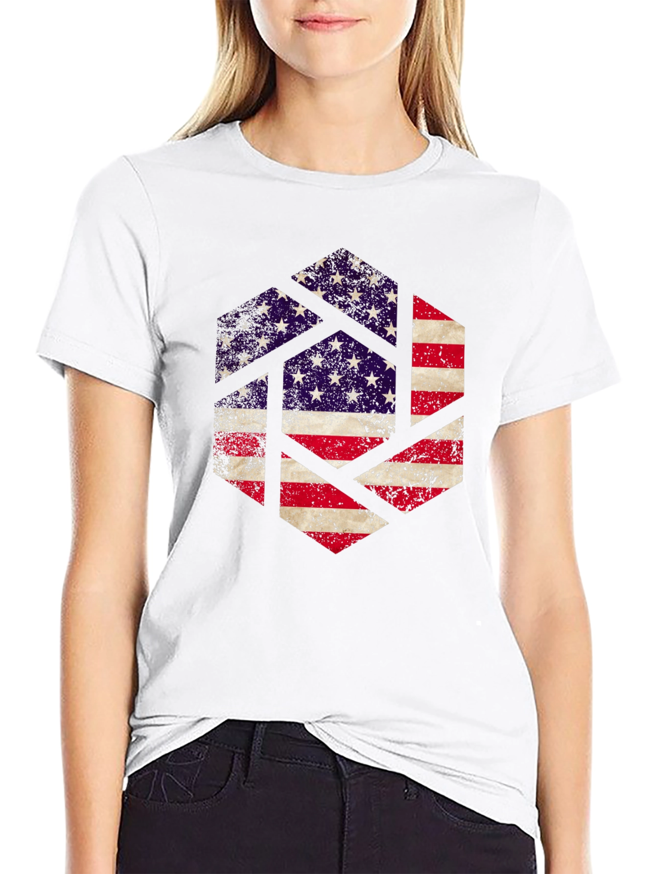 Black American Flag Hexagon Graphic Tee - Patriotic Design view 9
