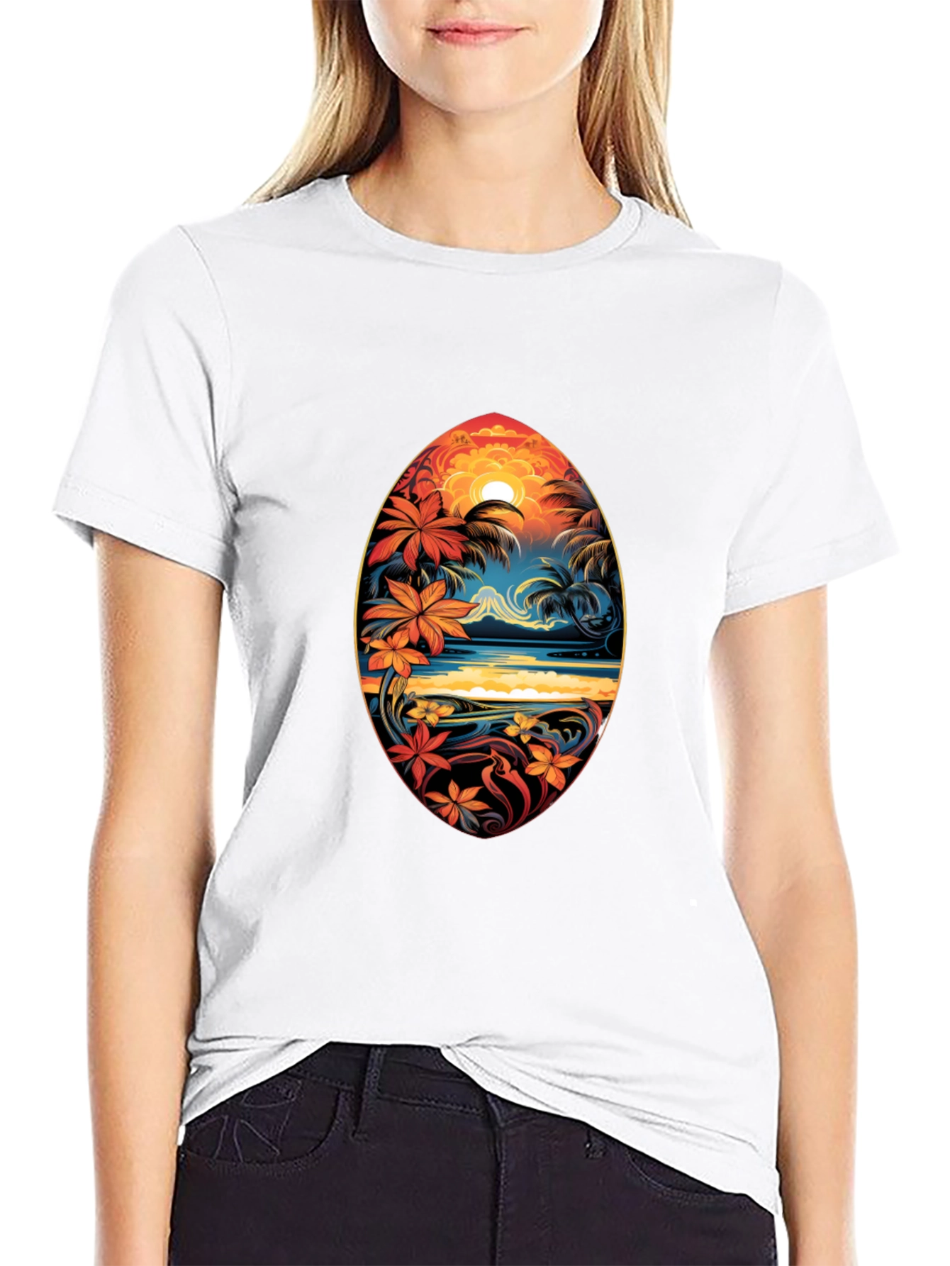 Black Tropical Island Surfboard Design Black T-Shirt view 9