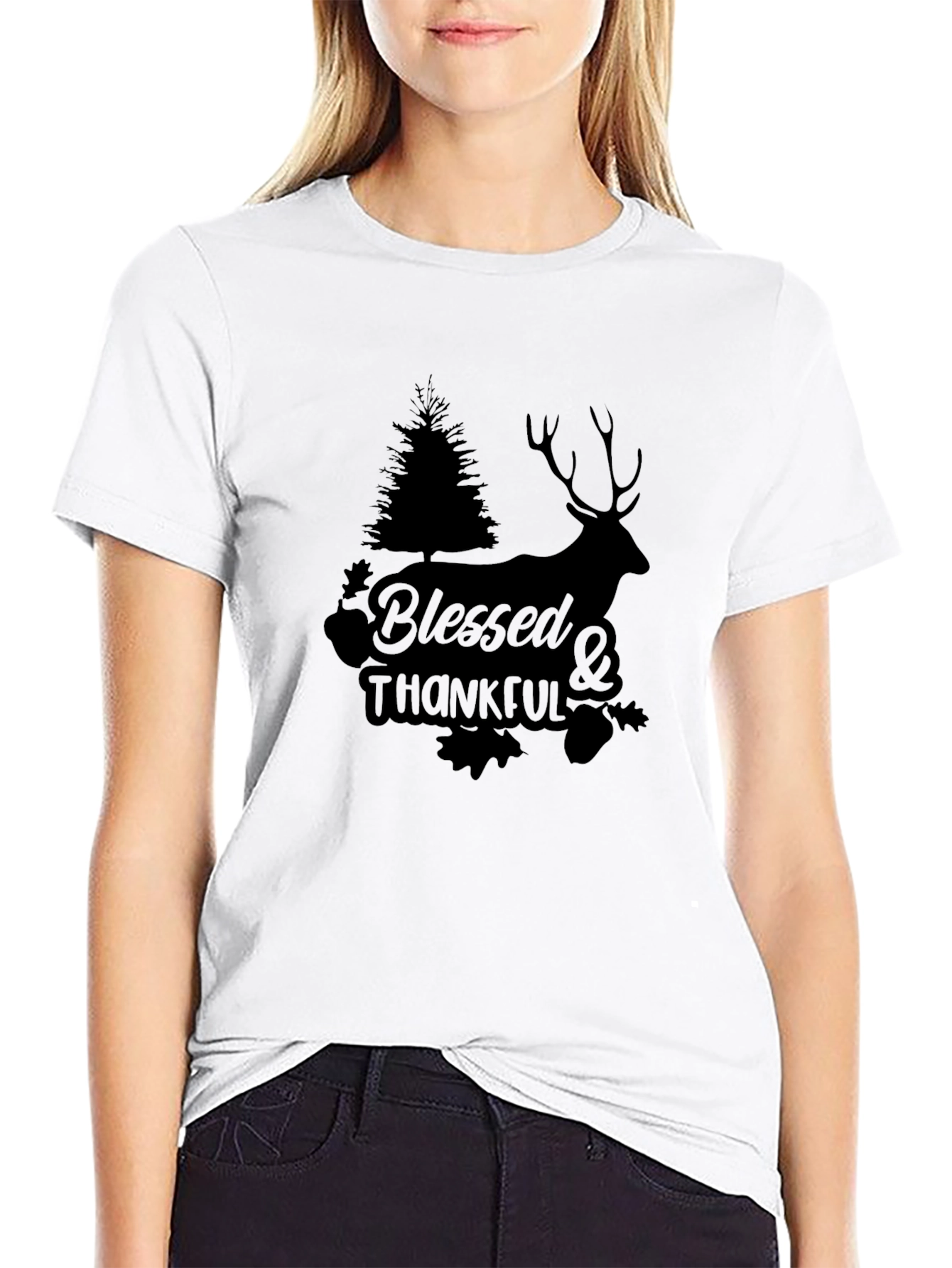 Black Blessed & Thankful Deer Graphic Tee - Black view 9