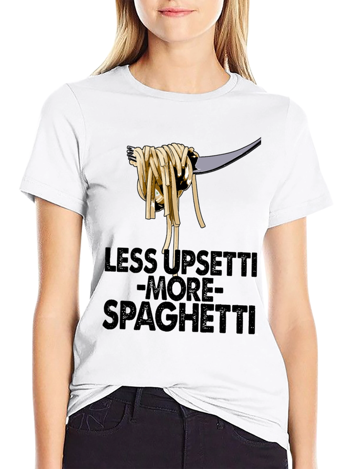 Black Less upsetti more spaghetti t-shirt view 9