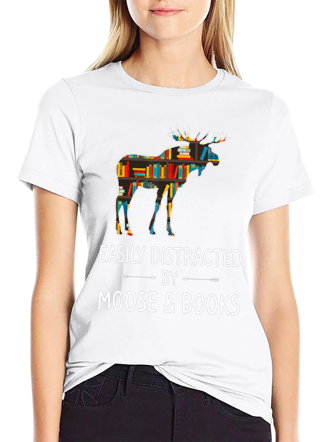 Black Easily Distracted by Moose and Books T-Shirt view 9