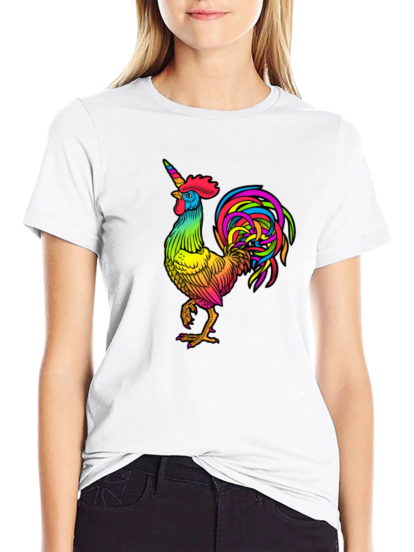 Black Rainbow Unicorn Rooster Graphic Tee view 9