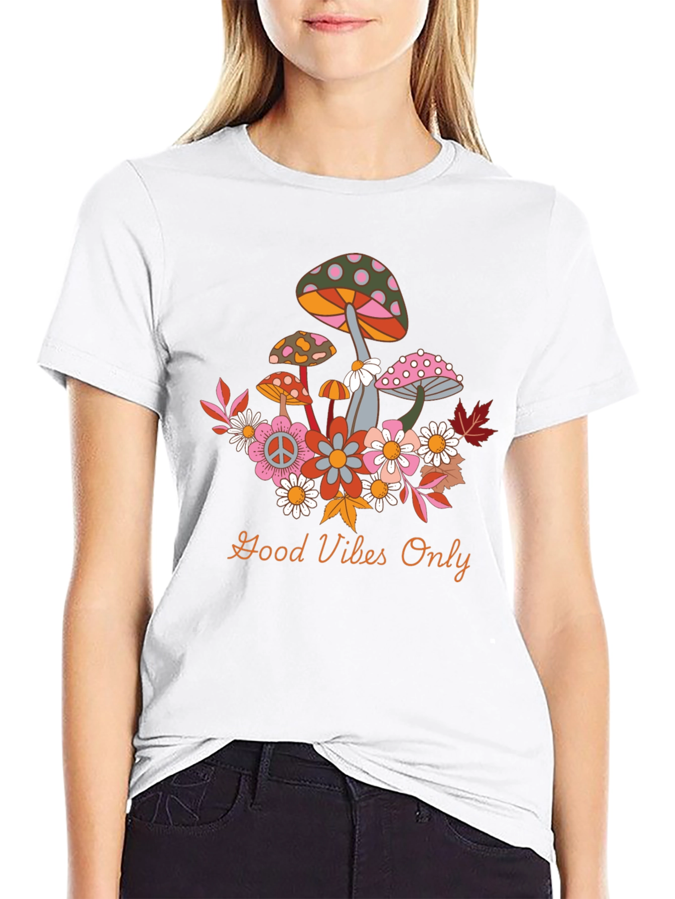 Black Groovy Mushroom & Flower Graphic Tee - Good Vibes Only! view 9