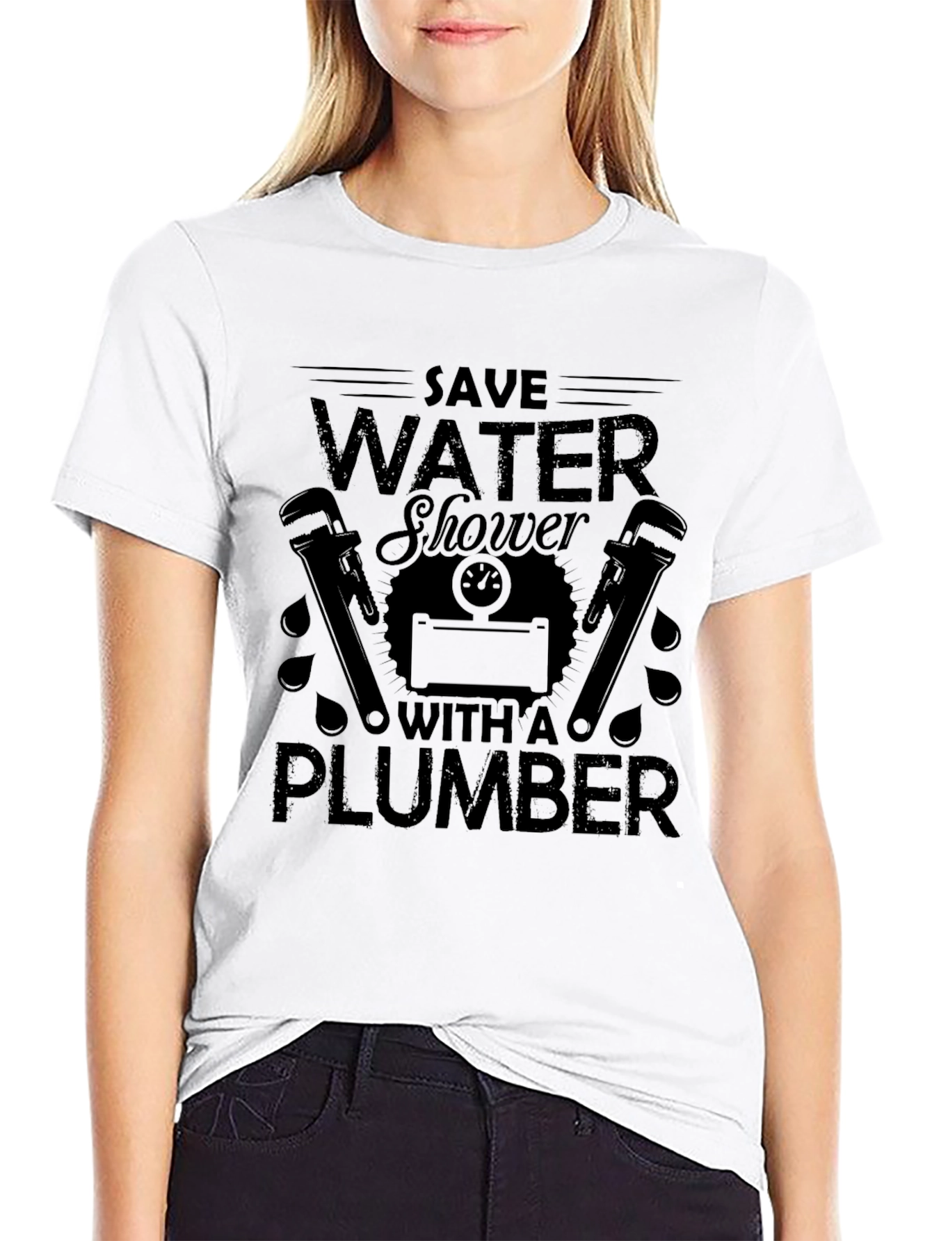 Black Save Water Shower With A Plumber Black Graphic T-Shirt view 9