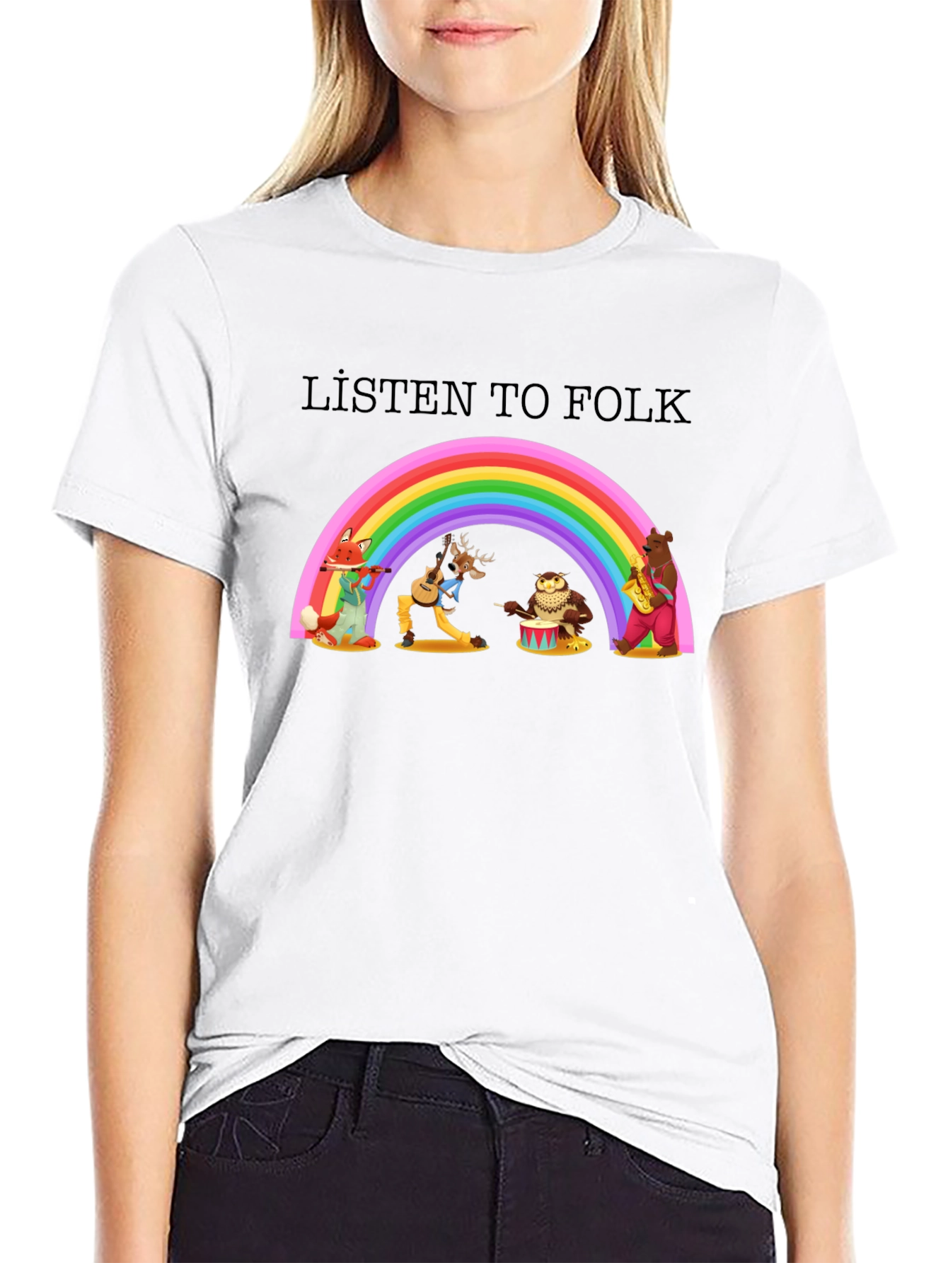 Black Listen to Folk Rainbow T-Shirt view 9