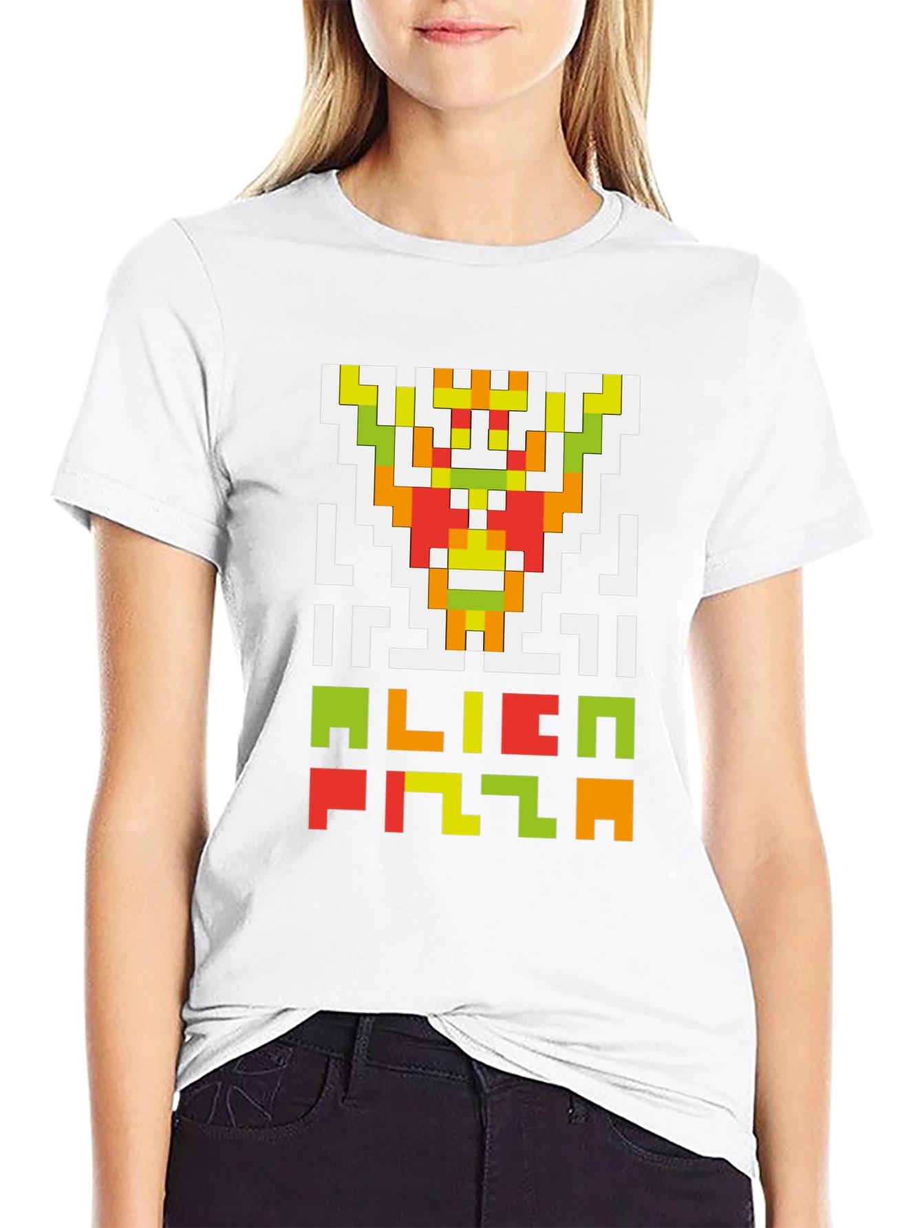 Black Alien Pizza Pixel Art Black T-Shirt view 9