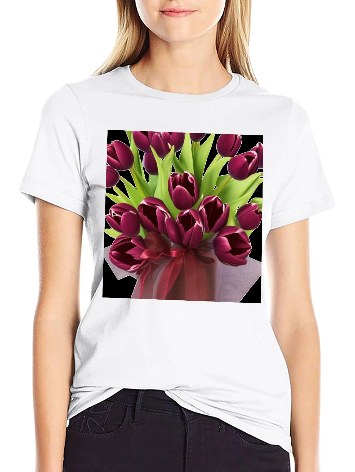 Black Tulip Bouquet Graphic Tee - Elegant Floral Design view 9