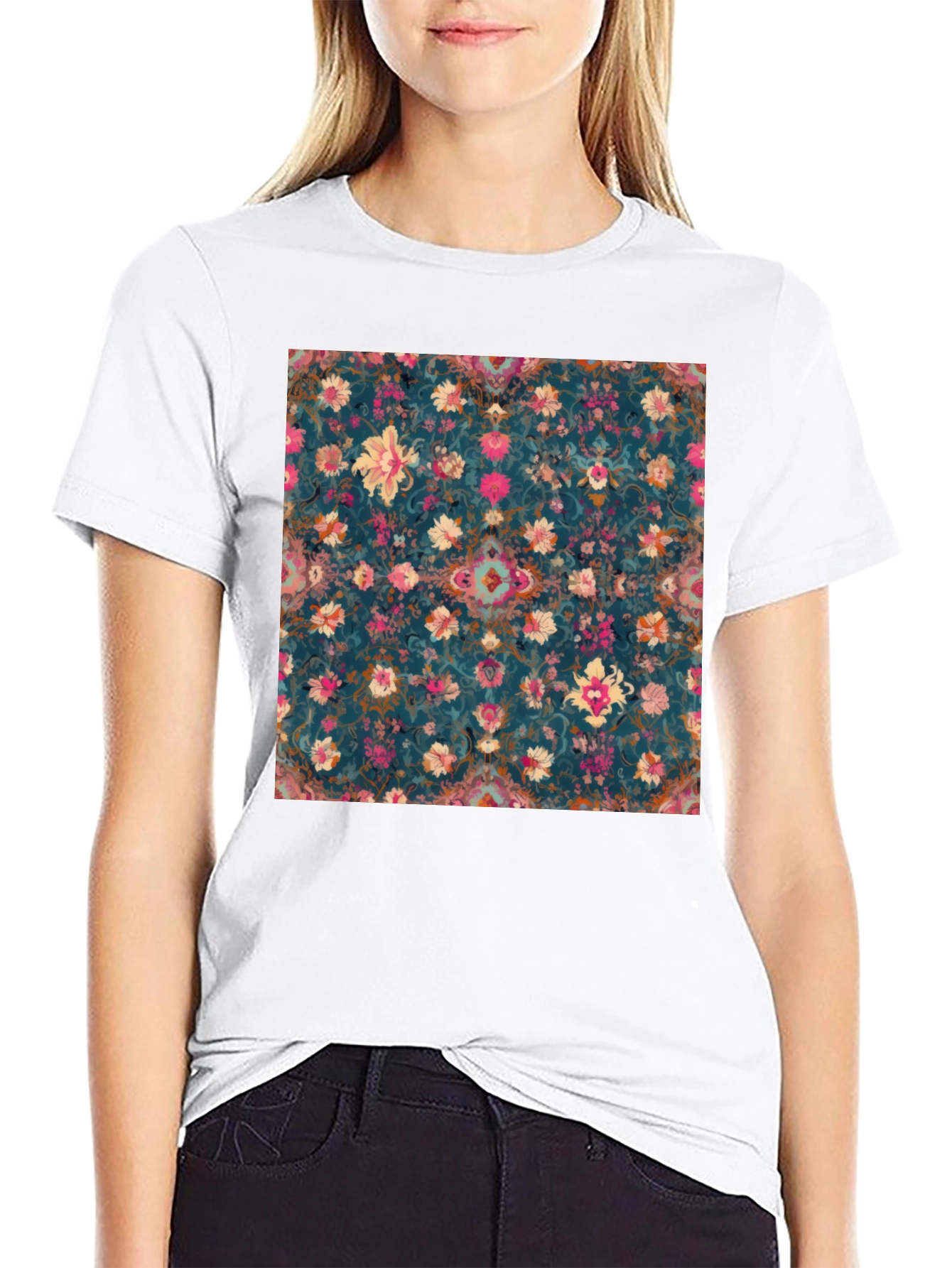 Black Floral Pattern Black T-Shirt view 9